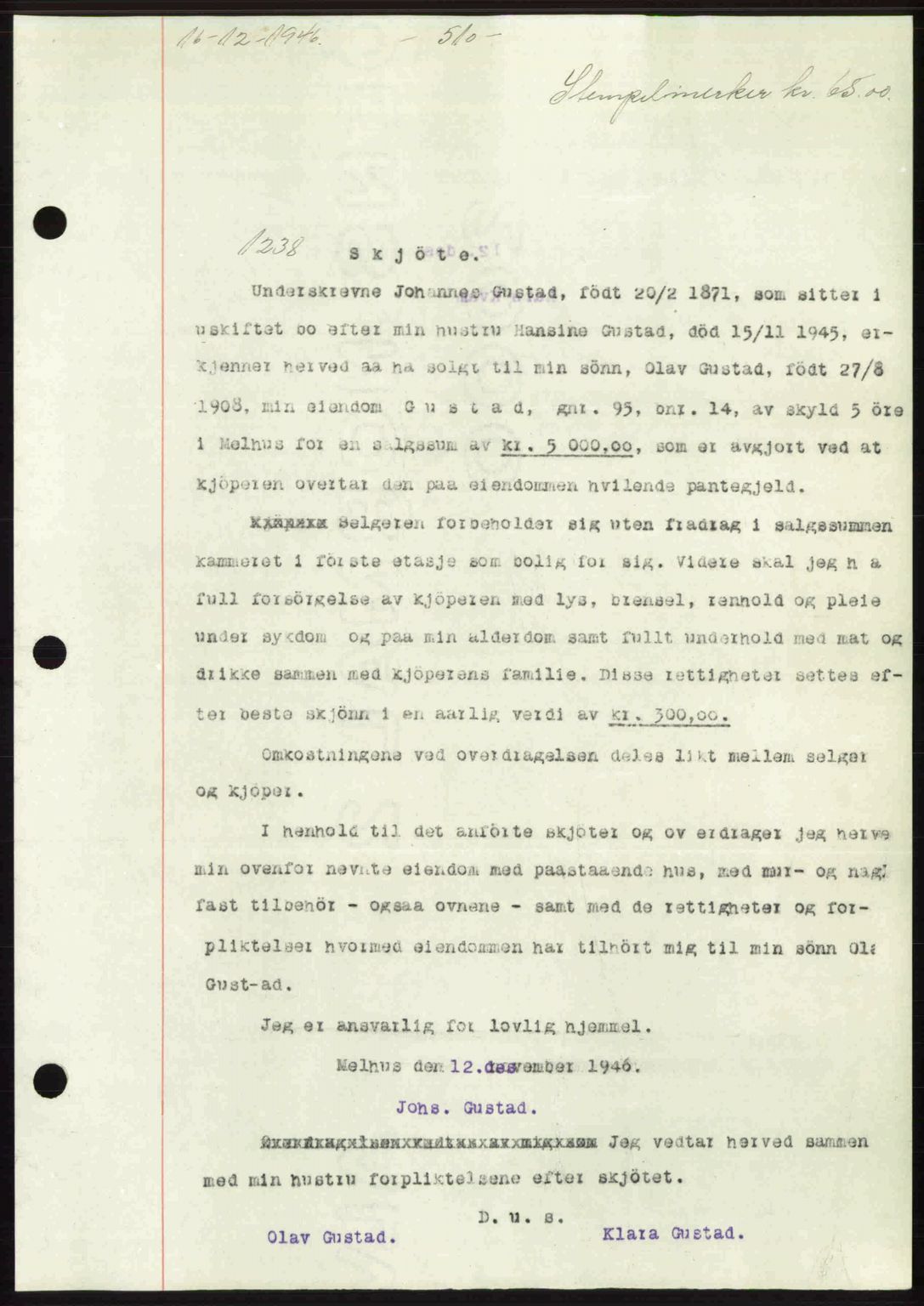 Gauldal sorenskriveri, SAT/A-0014/1/2/2C: Pantebok nr. A2, 1946-1946, Dagboknr: 1238/1946