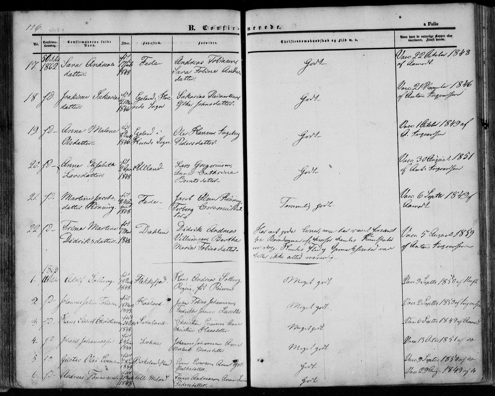 Kvinesdal sokneprestkontor, SAK/1111-0026/F/Fa/Faa/L0002: Ministerialbok nr. A 2, 1850-1876, s. 116