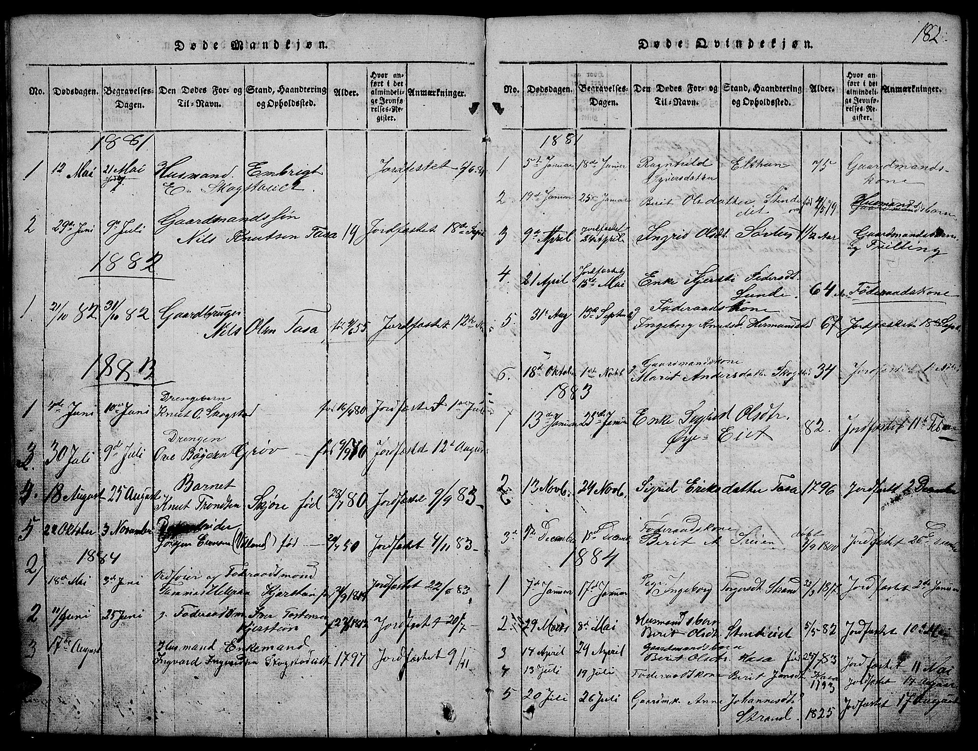 Vang prestekontor, Valdres, AV/SAH-PREST-140/H/Hb/L0002: Klokkerbok nr. 2, 1814-1889, s. 182