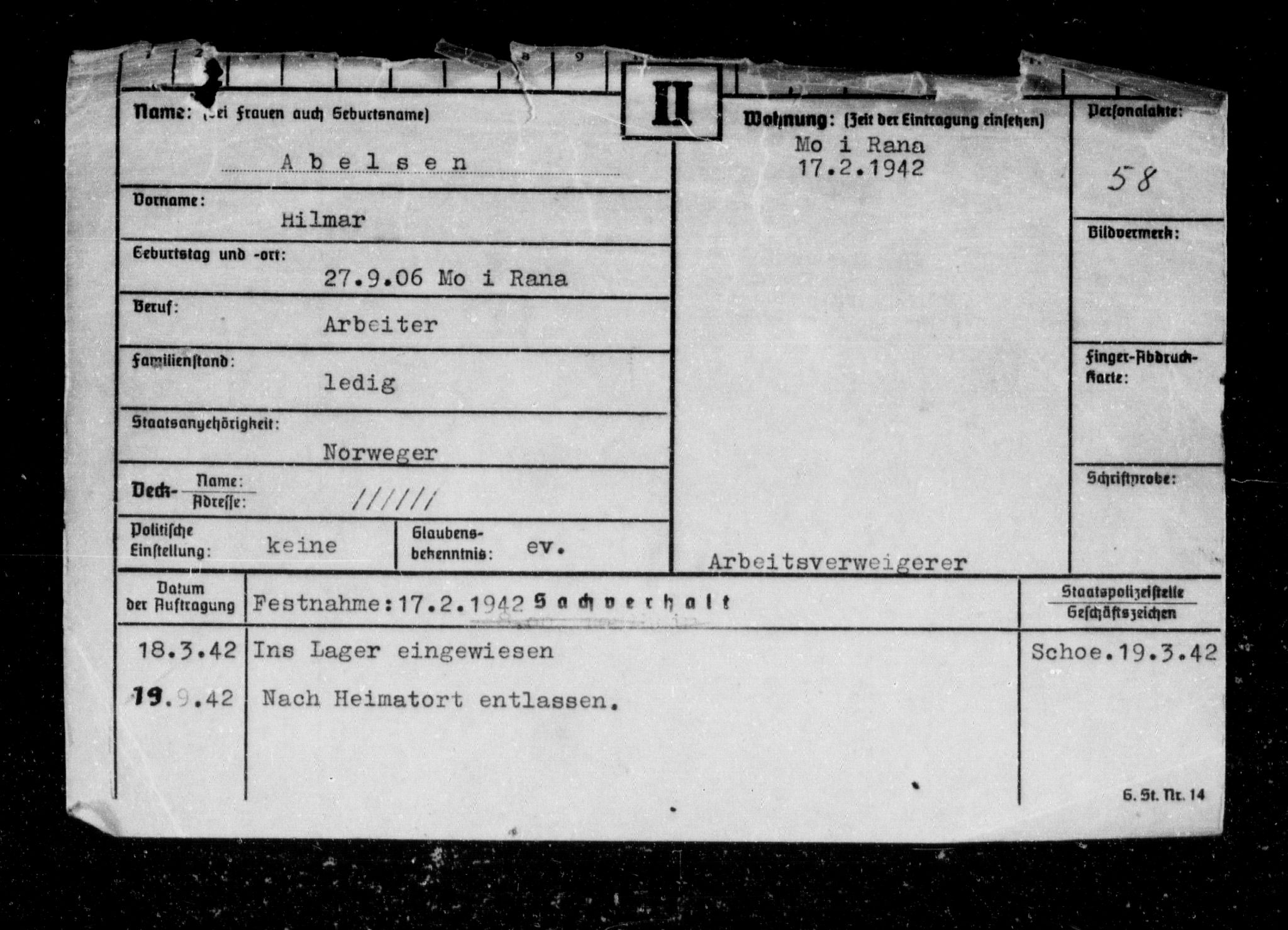 Befehlshaber der Sicherheitspolizei und des SD, AV/RA-RAFA-5969/F/Fc/L0002: Fangeregister Falstad: A - Brauten, 1941-1945