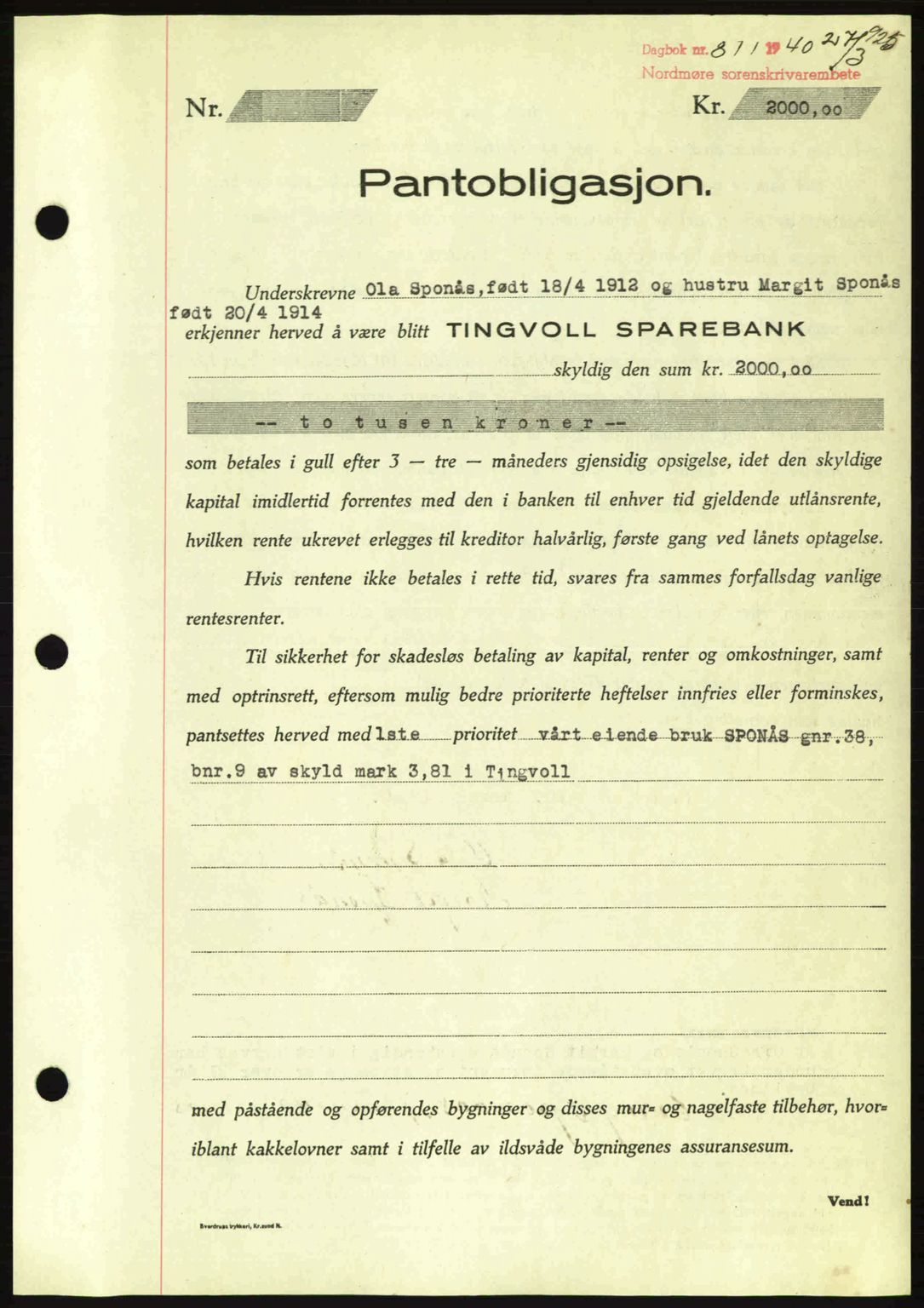 Nordmøre sorenskriveri, AV/SAT-A-4132/1/2/2Ca: Pantebok nr. B86, 1939-1940, Dagboknr: 811/1940