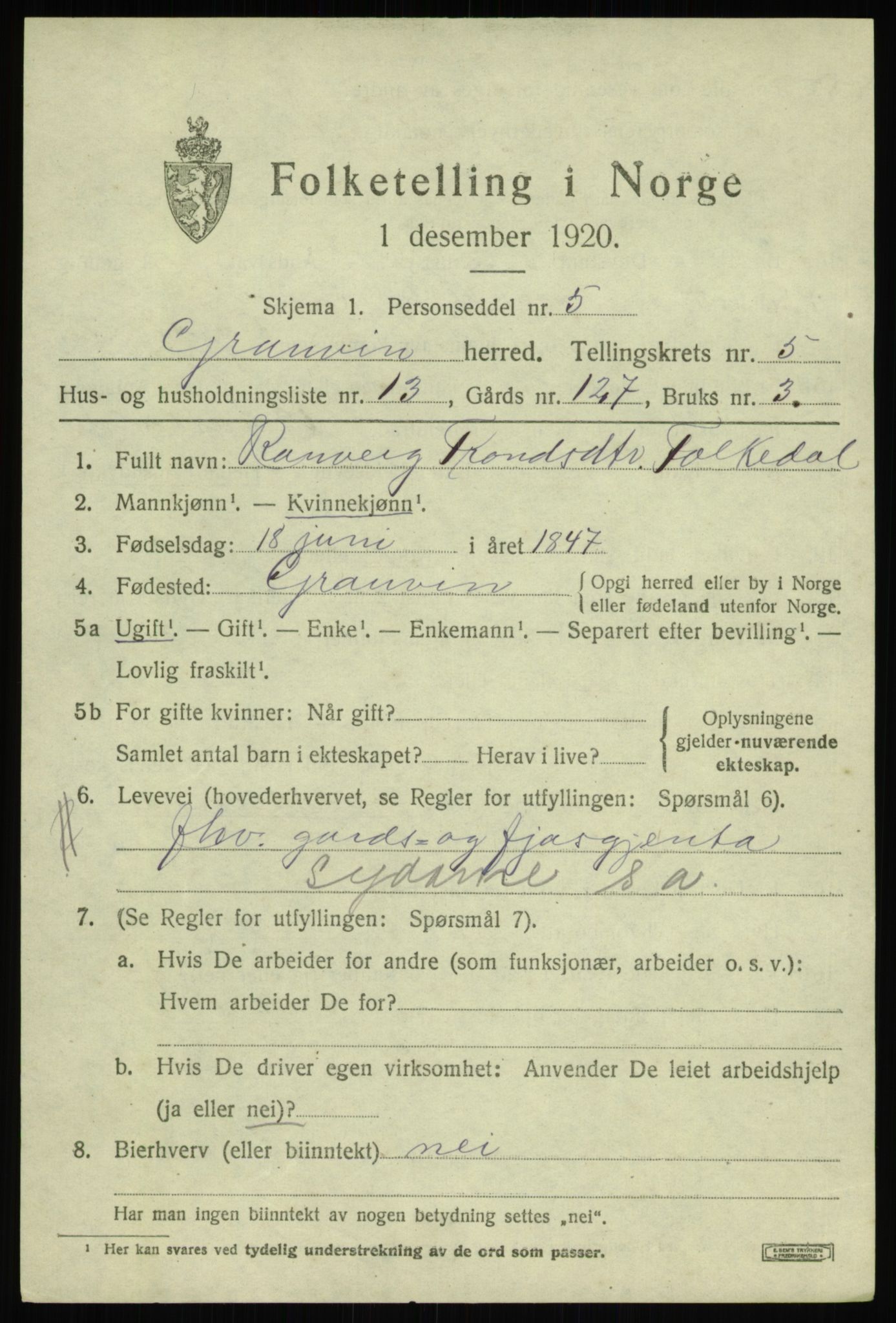 SAB, Folketelling 1920 for 1234 Granvin herred, 1920, s. 2510