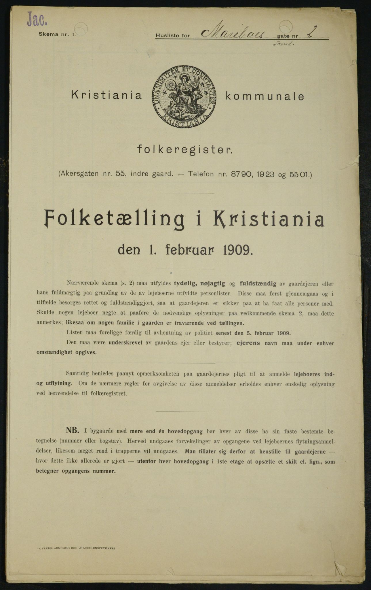 OBA, Kommunal folketelling 1.2.1909 for Kristiania kjøpstad, 1909, s. 54919