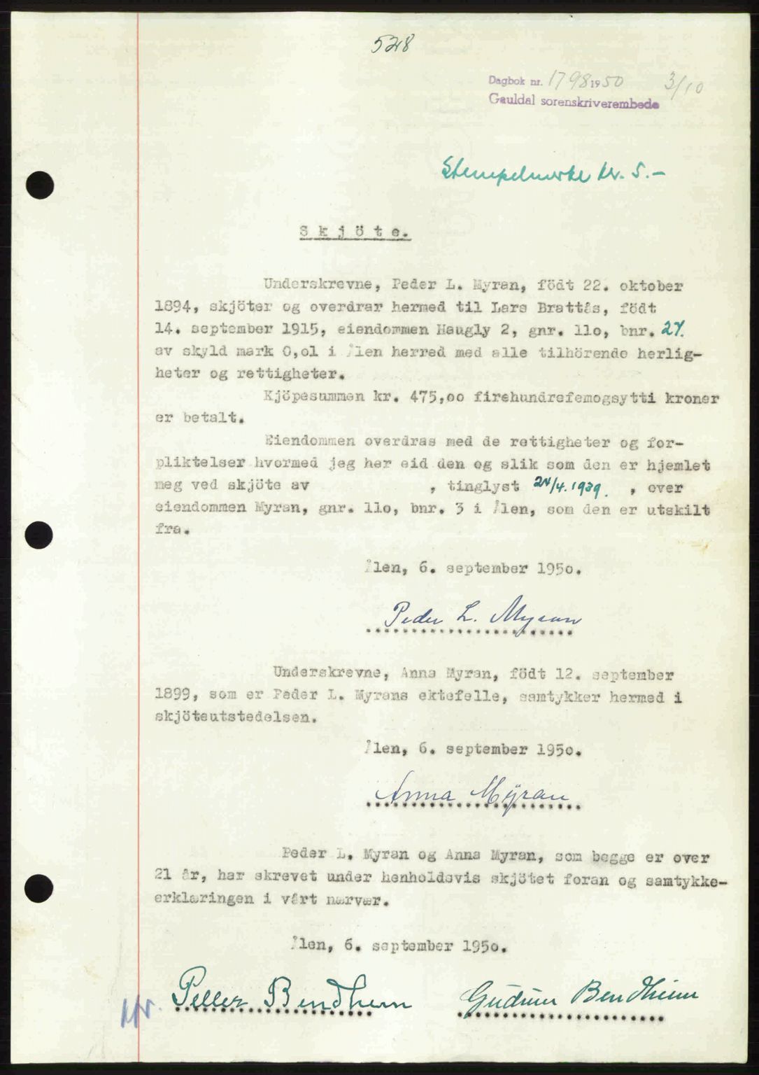Gauldal sorenskriveri, SAT/A-0014/1/2/2C: Pantebok nr. A11, 1950-1950, Dagboknr: 1798/1950