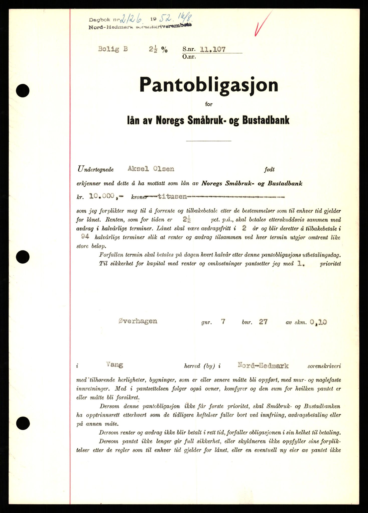 Nord-Hedmark sorenskriveri, SAH/TING-012/H/Hb/Hbf/L0025: Pantebok nr. B25, 1952-1952, Dagboknr: 2126/1952