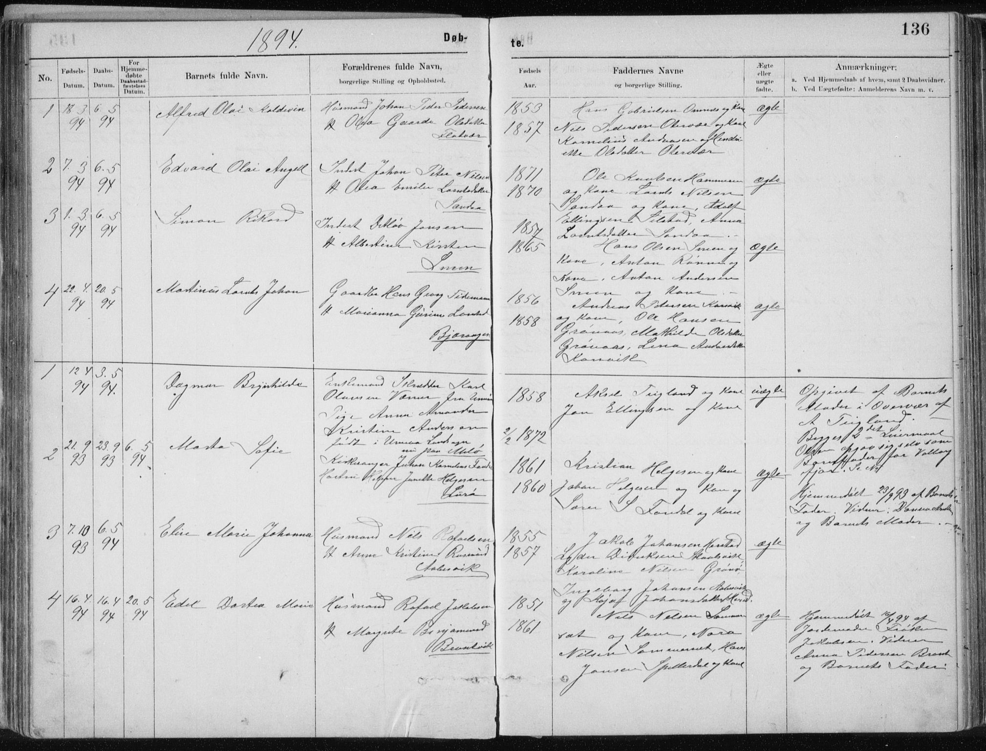 Ministerialprotokoller, klokkerbøker og fødselsregistre - Nordland, SAT/A-1459/843/L0636: Klokkerbok nr. 843C05, 1884-1909, s. 136