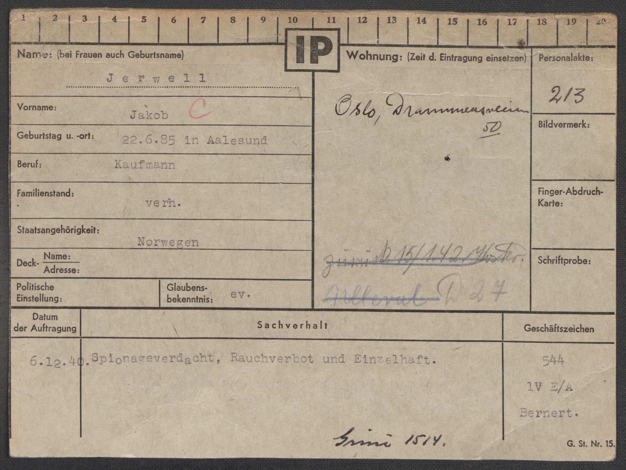 Befehlshaber der Sicherheitspolizei und des SD, AV/RA-RAFA-5969/E/Ea/Eaa/L0005: Register over norske fanger i Møllergata 19: Hø-Kj, 1940-1945, s. 581