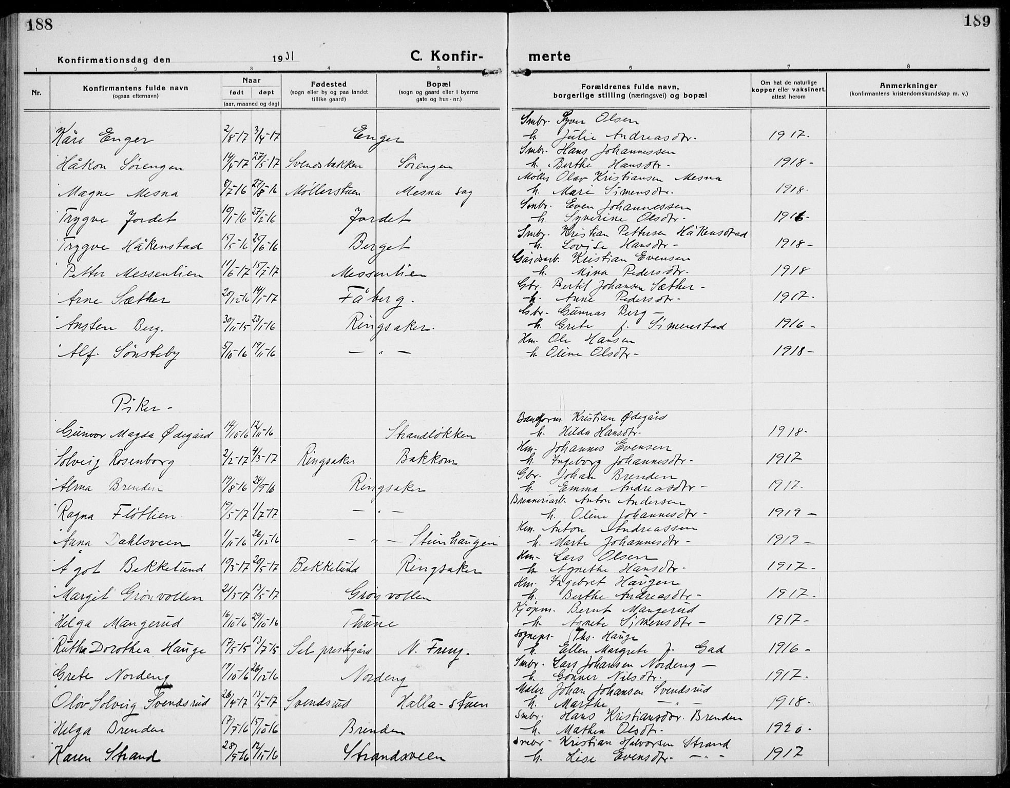 Brøttum prestekontor, AV/SAH-PREST-016/L/La/L0001: Klokkerbok nr. 1, 1921-1941, s. 188-189