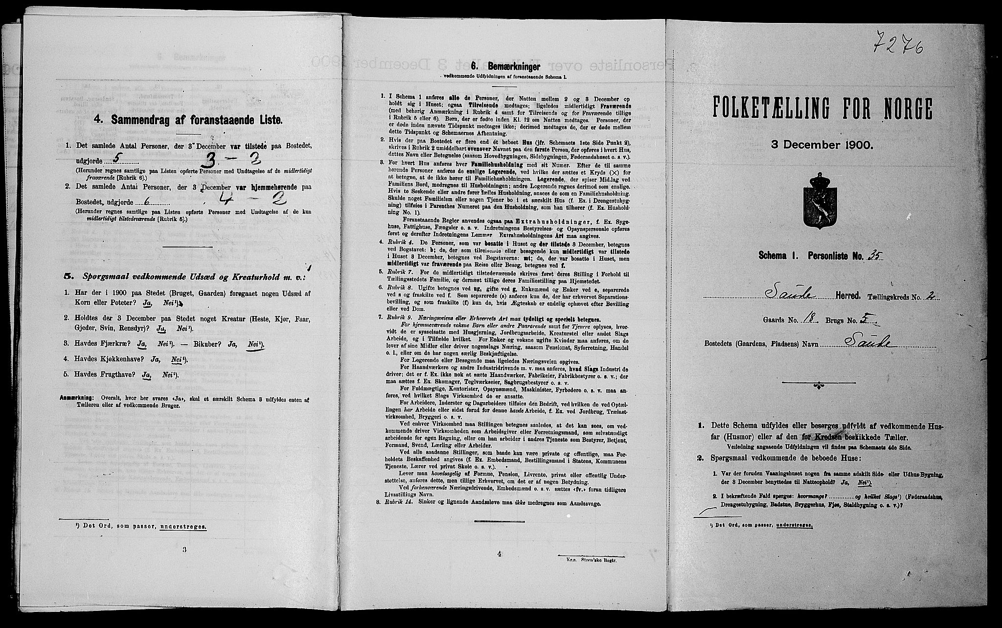 SAST, Folketelling 1900 for 1135 Sauda herred, 1900, s. 219