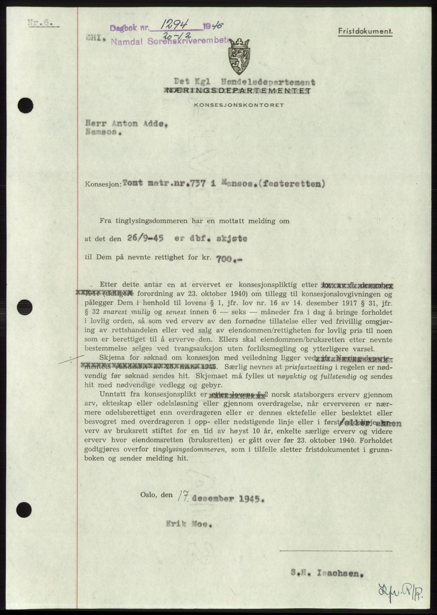 Namdal sorenskriveri, SAT/A-4133/1/2/2C: Pantebok nr. -, 1944-1945, Dagboknr: 1294/1945