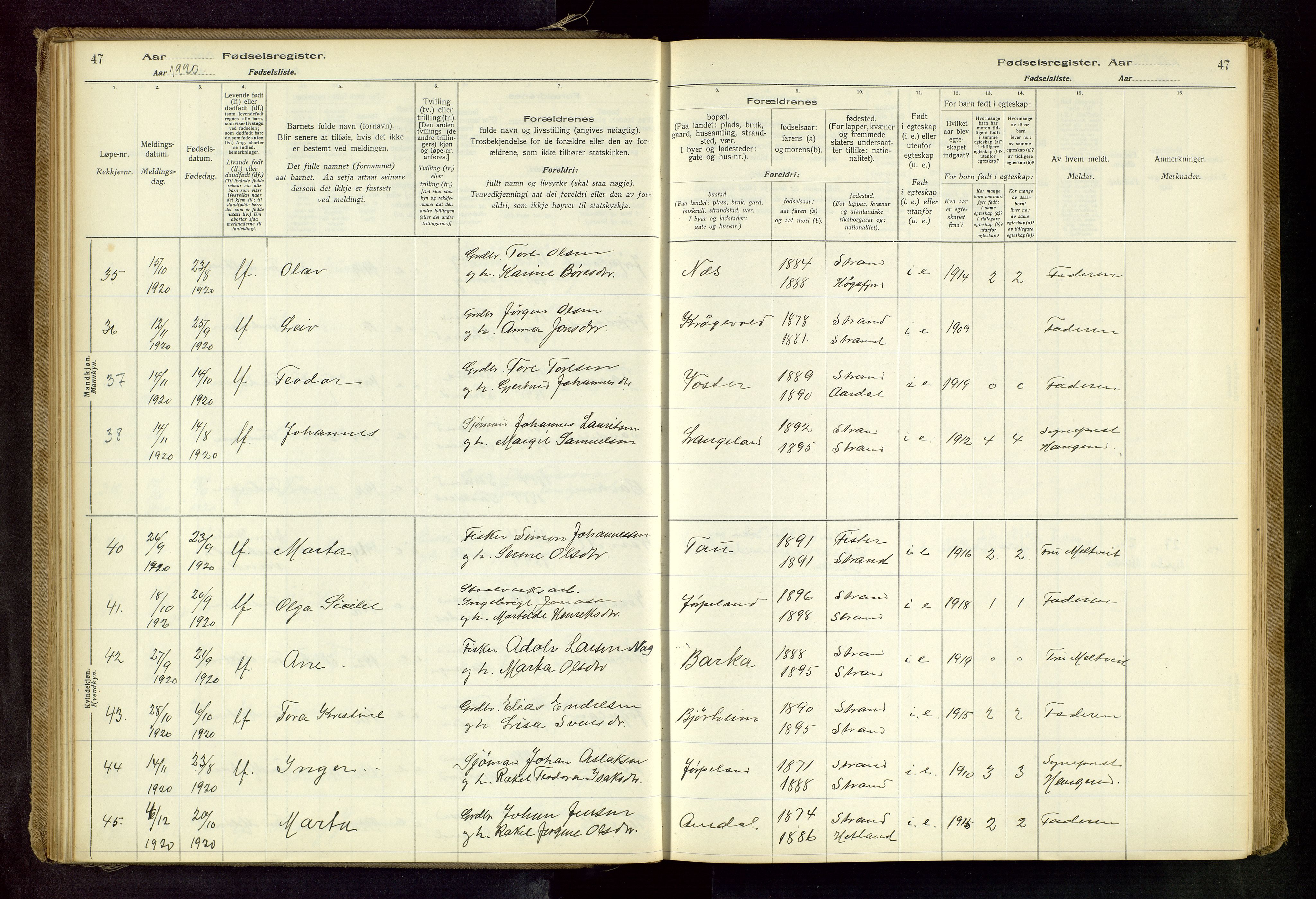 Strand sokneprestkontor, AV/SAST-A-101828/I/Id/L0001: Fødselsregister nr. 1, 1916-1938, s. 47