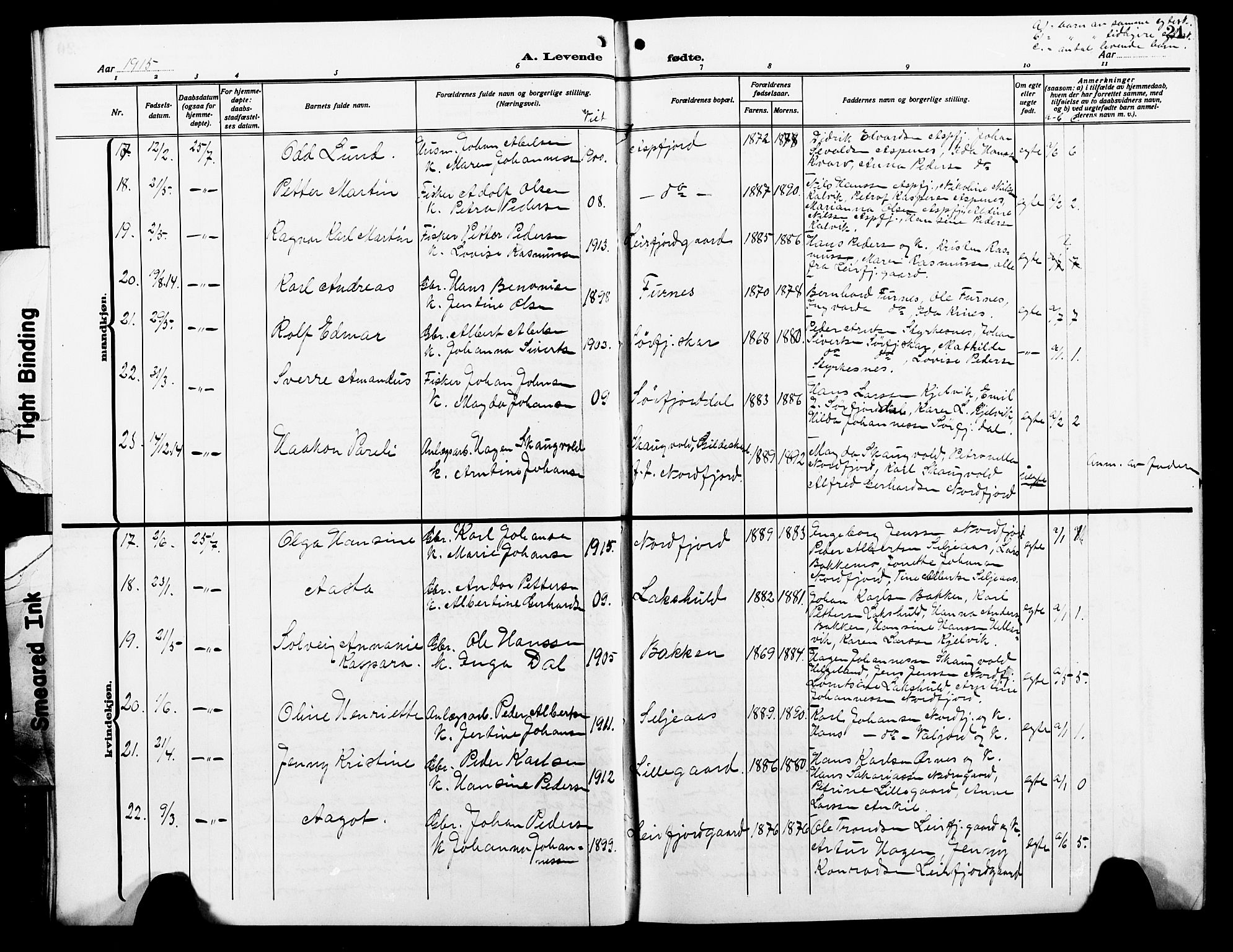 Ministerialprotokoller, klokkerbøker og fødselsregistre - Nordland, AV/SAT-A-1459/854/L0787: Klokkerbok nr. 854C03, 1913-1926, s. 21