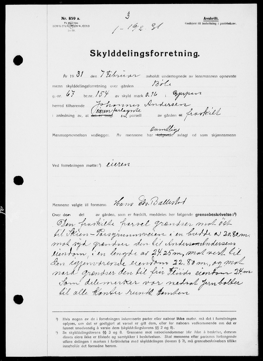 Gjerpen sorenskriveri, SAKO/A-216/G/Ga/Gaa/L0054: Pantebok nr. I 54-56, 1930-1931, s. 3, Tingl.dato: 16.02.1931