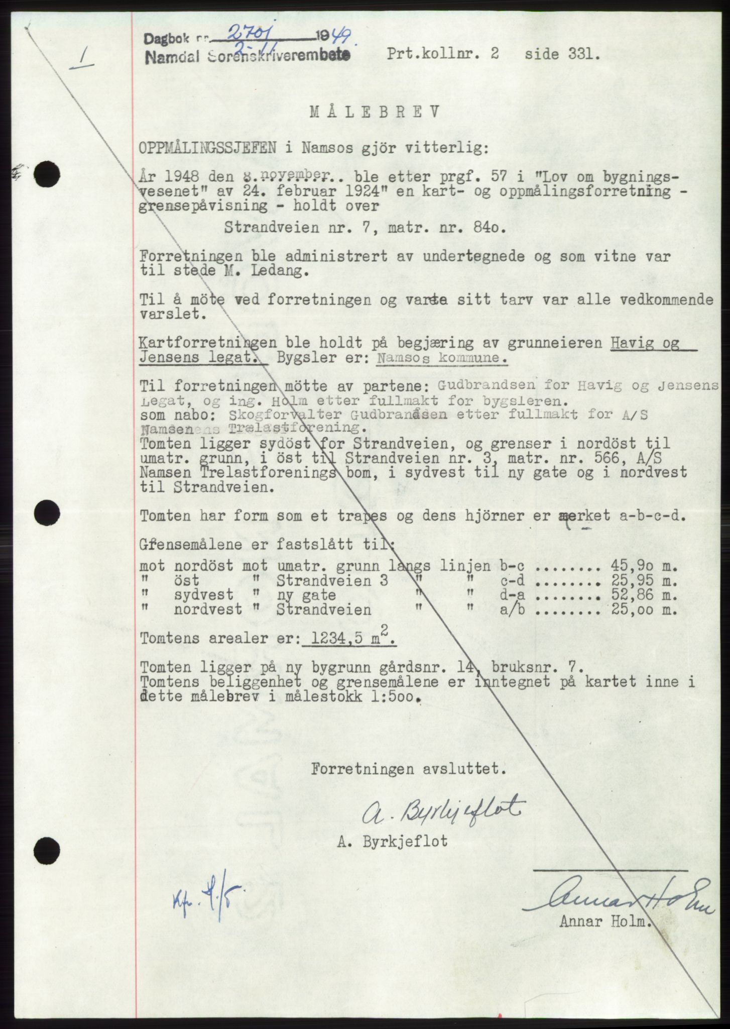 Namdal sorenskriveri, SAT/A-4133/1/2/2C: Pantebok nr. -, 1949-1949, Dagboknr: 2701/1949