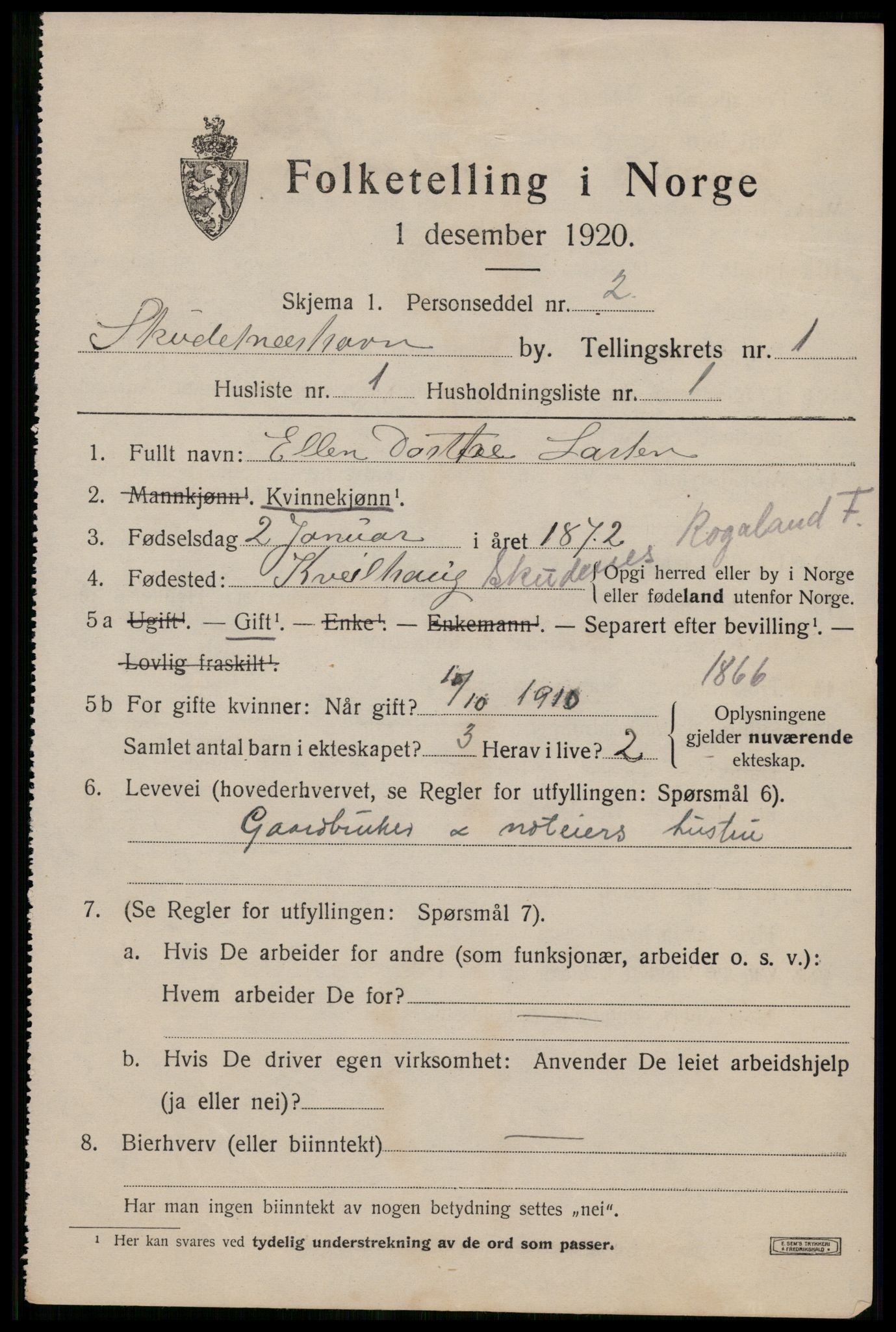 SAST, Folketelling 1920 for 1104 Skudeneshavn ladested, 1920, s. 1124