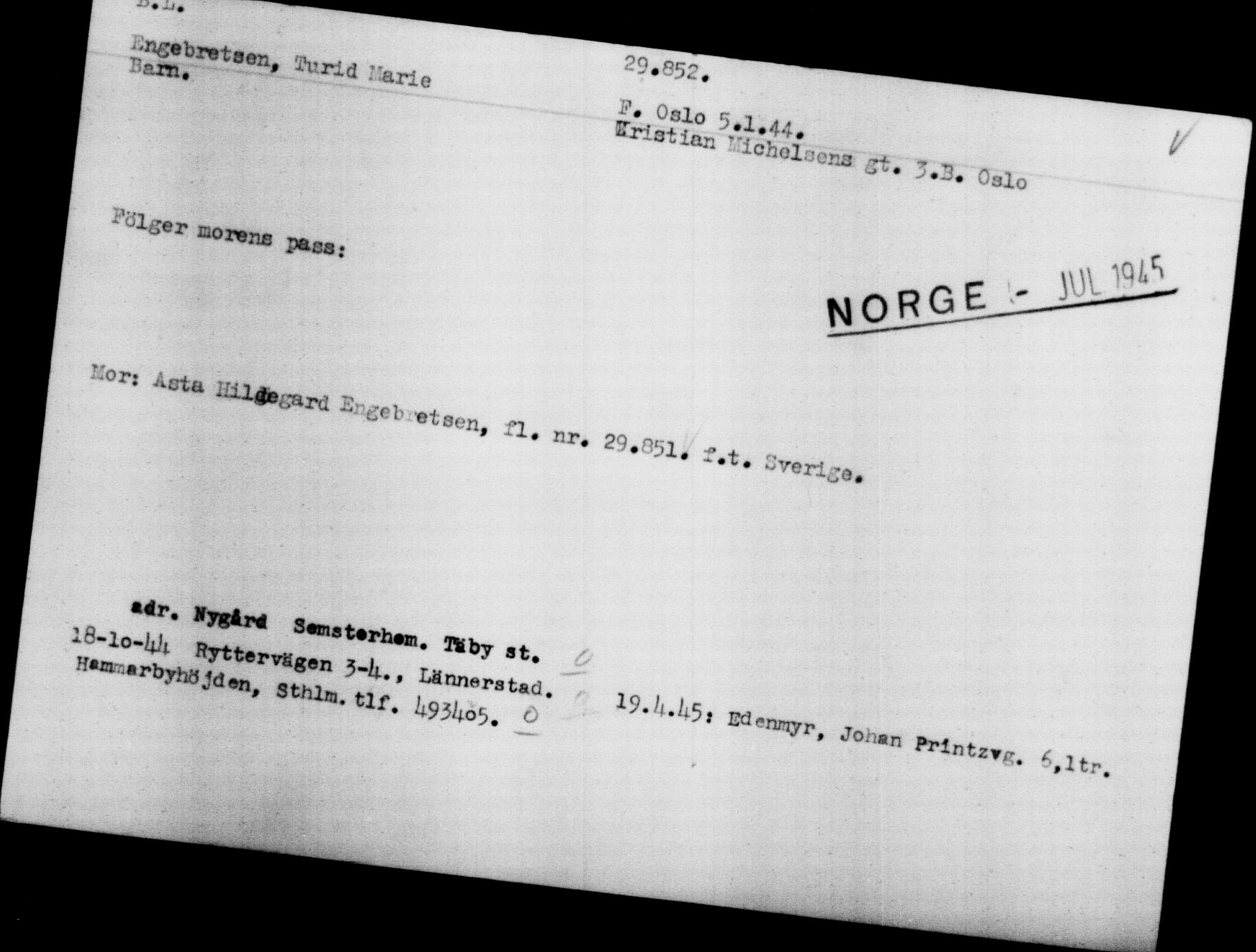 Utenriksstasjonene, Legasjonen i Stockholm, Flyktningkontoret, AV/RA-S-6753/V/Va/L0012: Kjesäterkartoteket, flyktninger med registreringsnr. 28300-31566, 1940-1945, s. 1707