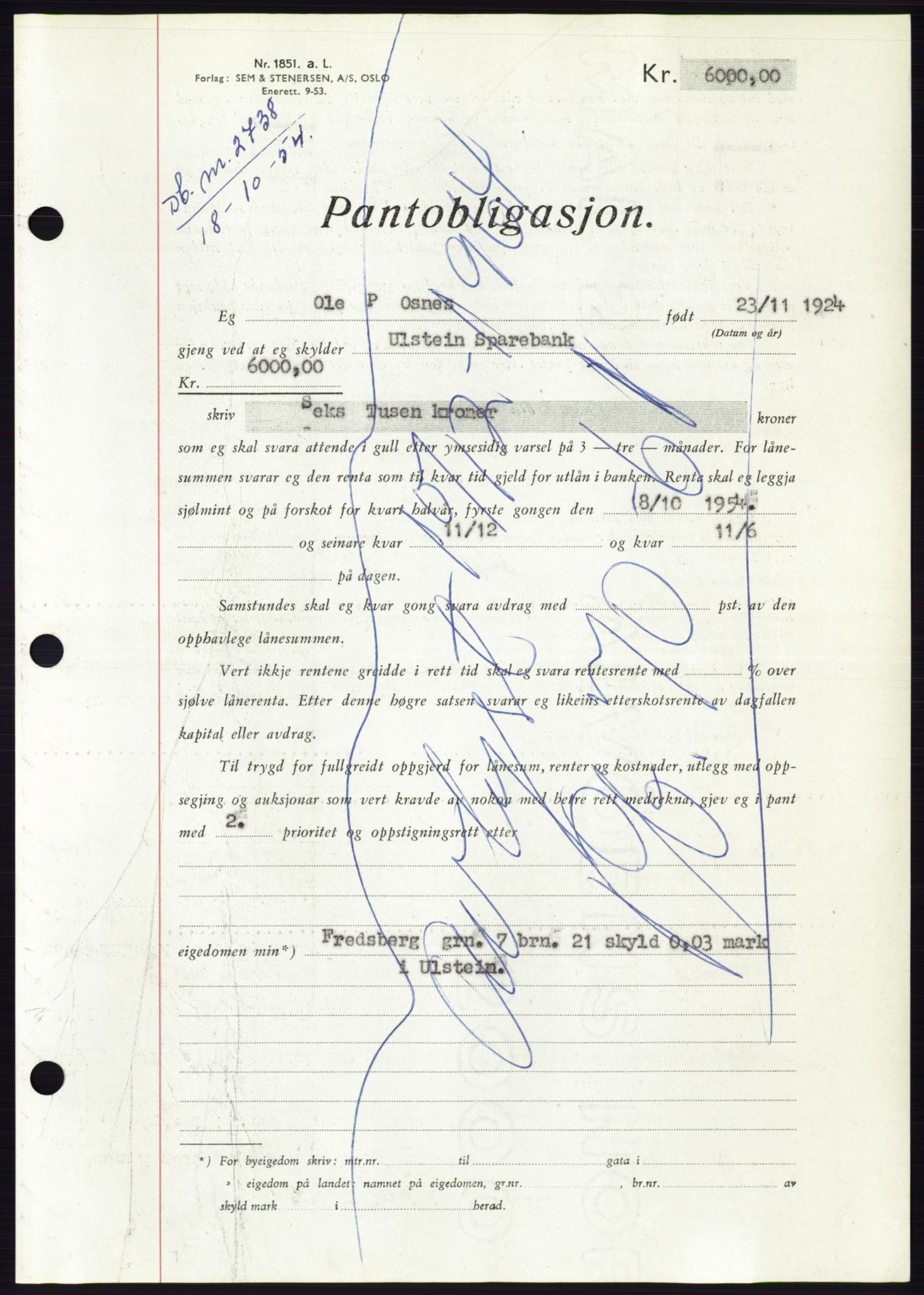 Søre Sunnmøre sorenskriveri, AV/SAT-A-4122/1/2/2C/L0126: Pantebok nr. 14B, 1954-1955, Dagboknr: 2738/1954