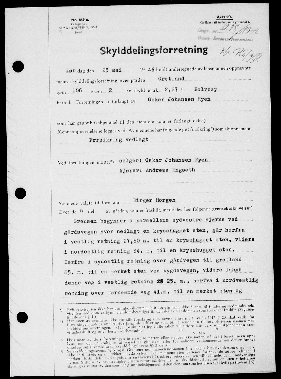 Onsøy sorenskriveri, SAO/A-10474/G/Ga/Gab/L0016: Pantebok nr. II A-16, 1946-1946, Dagboknr: 1238/1946
