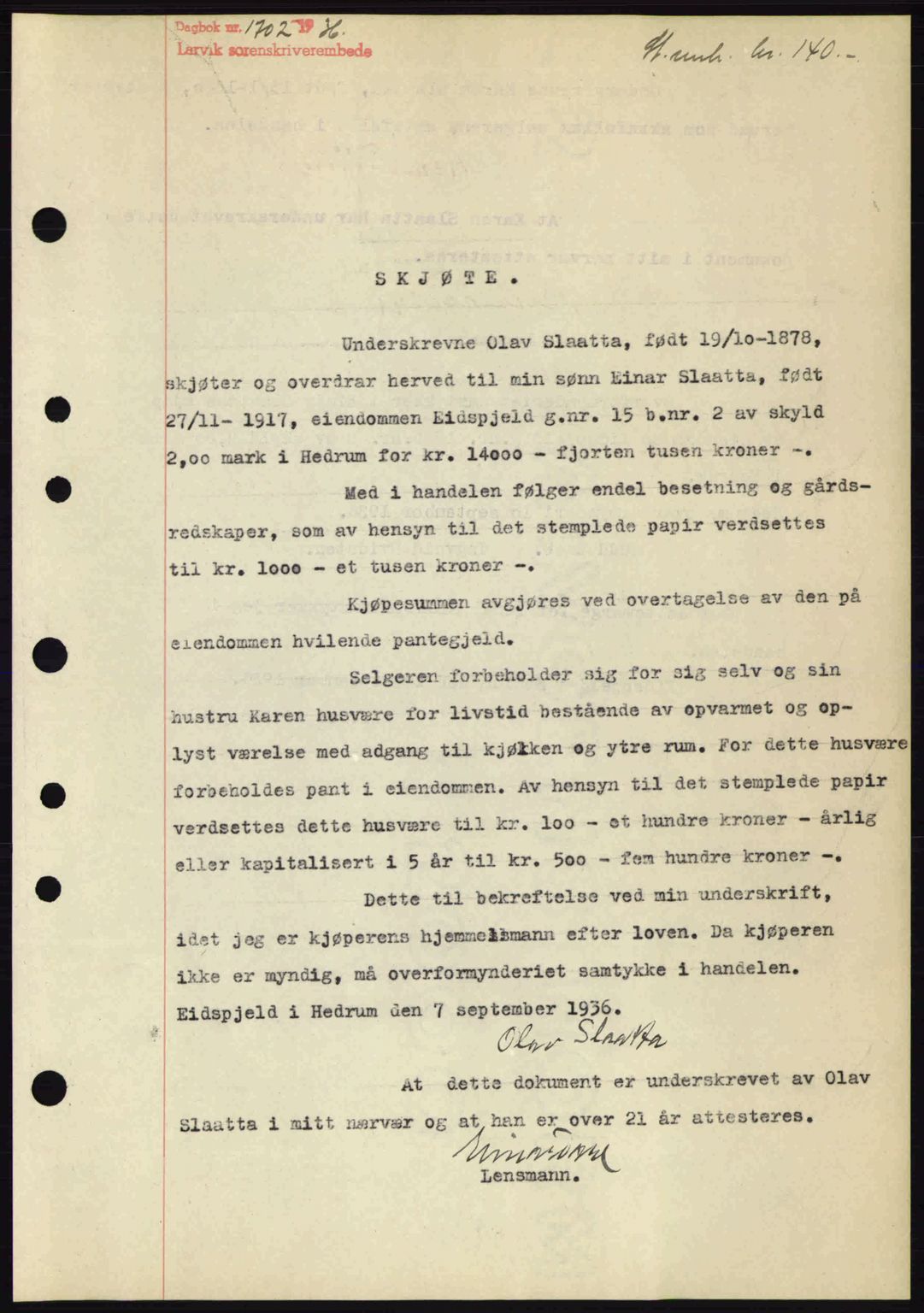 Larvik sorenskriveri, SAKO/A-83/G/Ga/Gab/L0067: Pantebok nr. A-1, 1936-1937, Dagboknr: 1702/1936