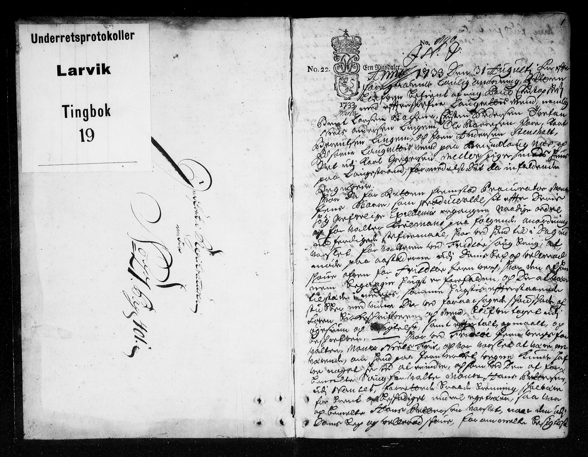Larvik sorenskriveri, SAKO/A-83/F/Fa/L0019: Tingbok, 1733, s. 1