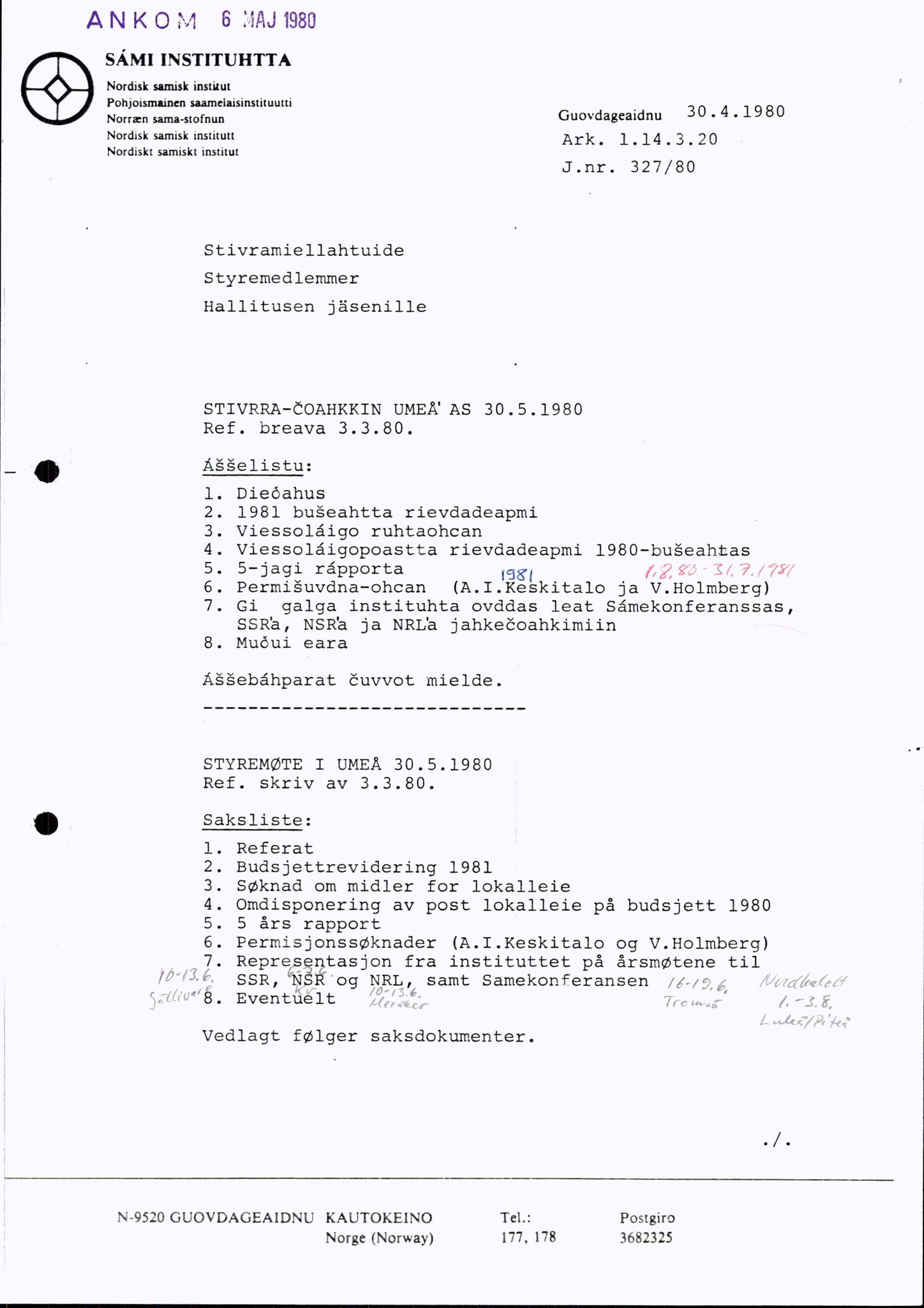 Sámiráđđi / Saami Council, SAMI/PA-1126/A/L0010: Sámiráđđi Sámi Instituhtta beavdegirjjit, 1980-1981