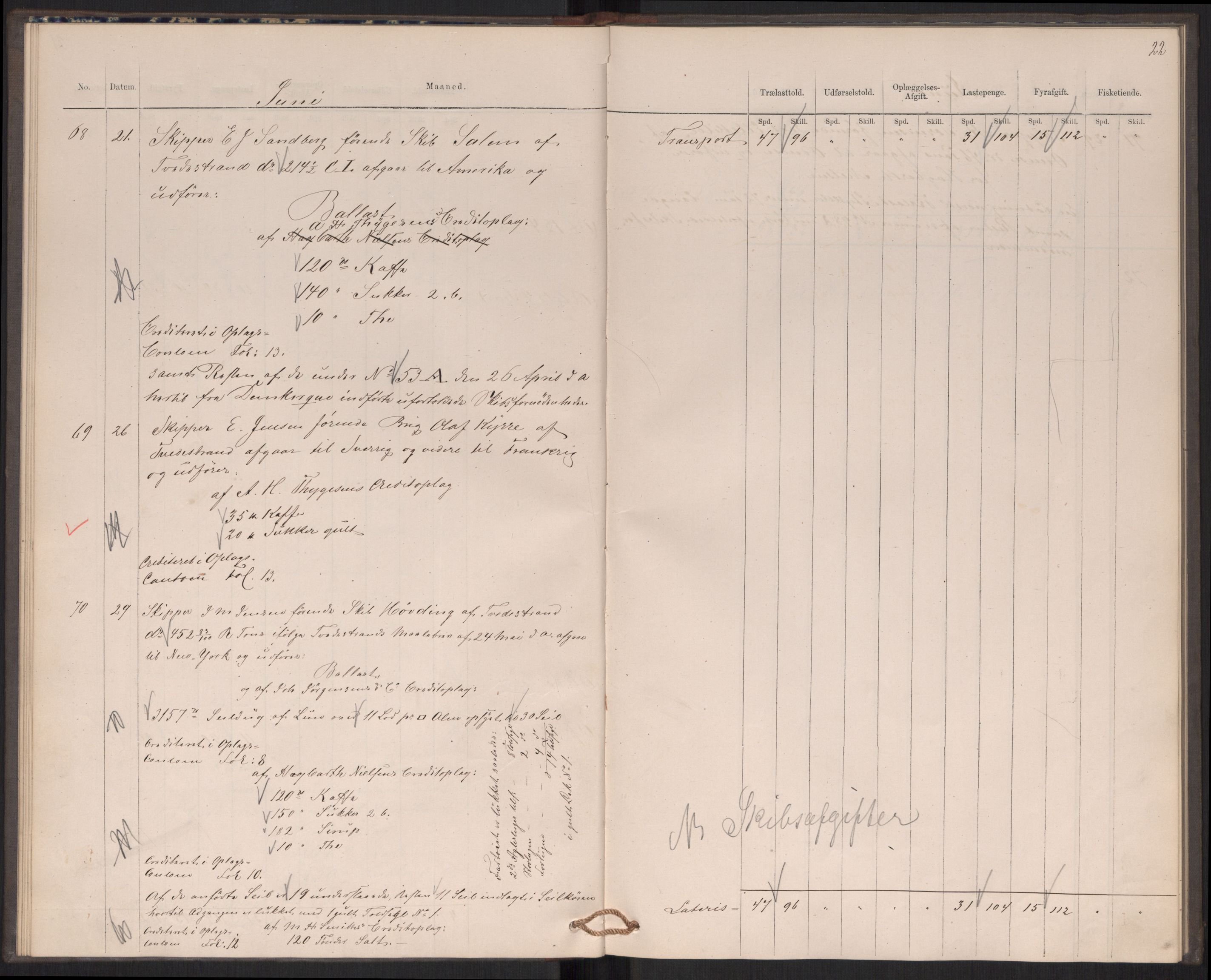 Revisjonsdepartementet, 2. revisjonskontor, AV/RA-S-1115/E/E039/L0276: Tvedestrand: Utgående tollbok, 1876, s. 22