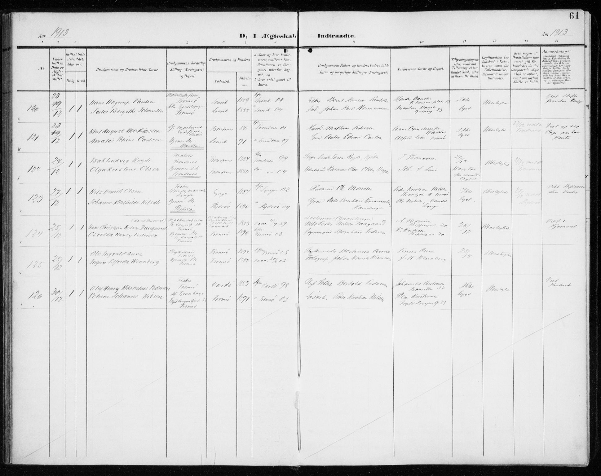 Tromsø sokneprestkontor/stiftsprosti/domprosti, AV/SATØ-S-1343/G/Ga/L0018kirke: Ministerialbok nr. 18, 1907-1917, s. 61