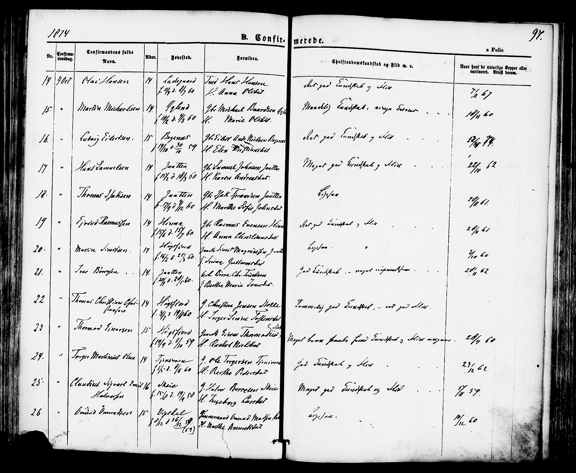 Hetland sokneprestkontor, AV/SAST-A-101826/30/30BA/L0004: Ministerialbok nr. A 4, 1862-1881, s. 97
