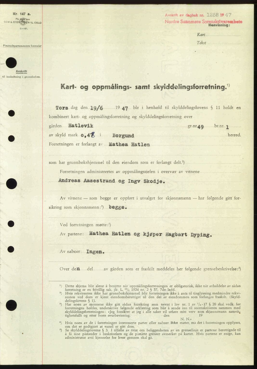 Nordre Sunnmøre sorenskriveri, AV/SAT-A-0006/1/2/2C/2Ca: Pantebok nr. A25, 1947-1947, Dagboknr: 1258/1947