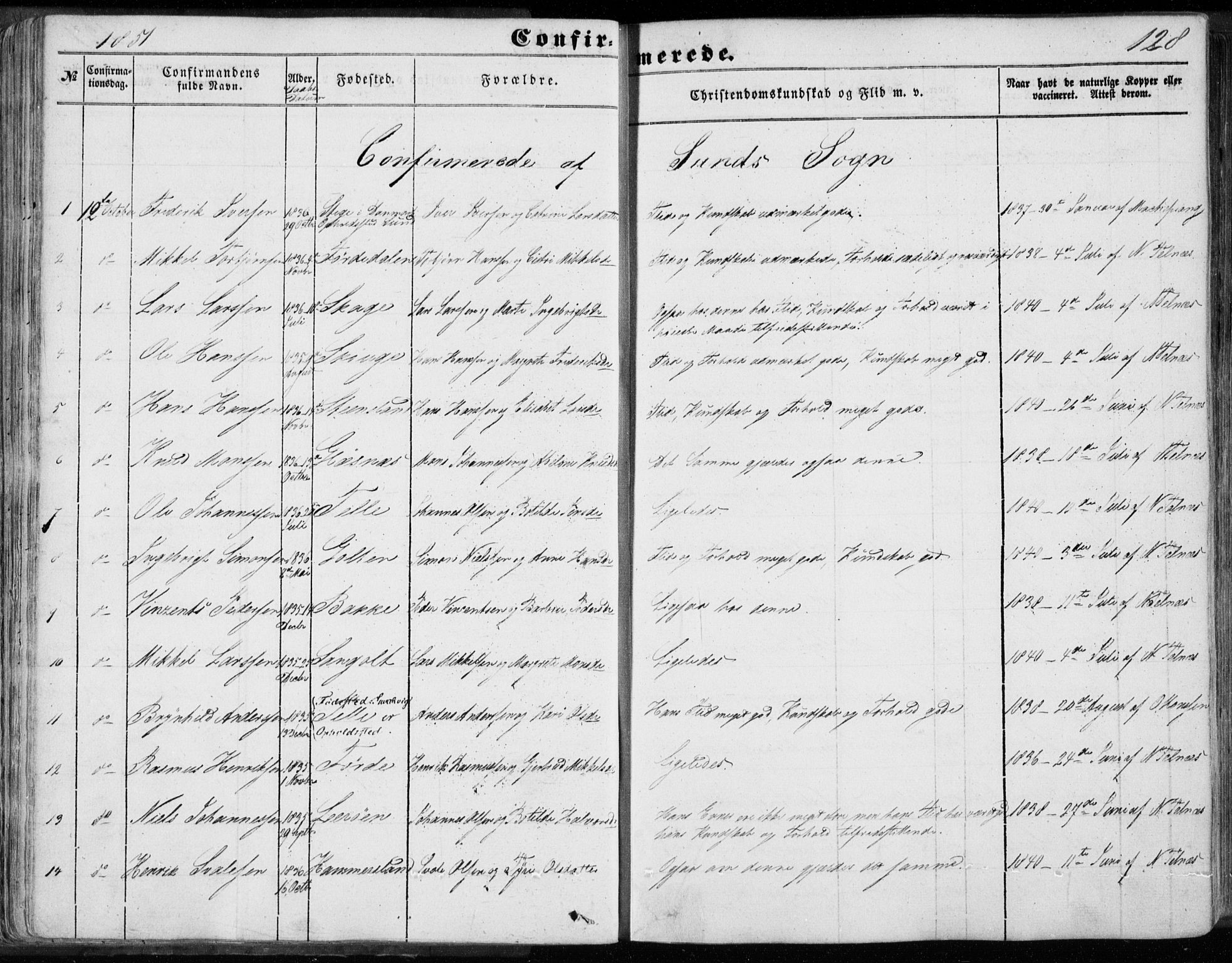Sund sokneprestembete, AV/SAB-A-99930: Ministerialbok nr. A 14, 1850-1866, s. 128