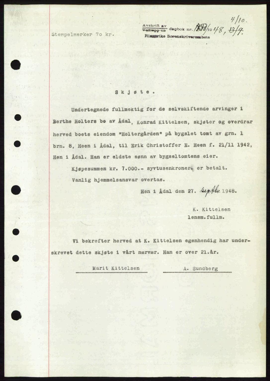 Ringerike sorenskriveri, SAKO/A-105/G/Ga/Gab/L0088: Pantebok nr. A-19, 1948-1948, Dagboknr: 1843/1948