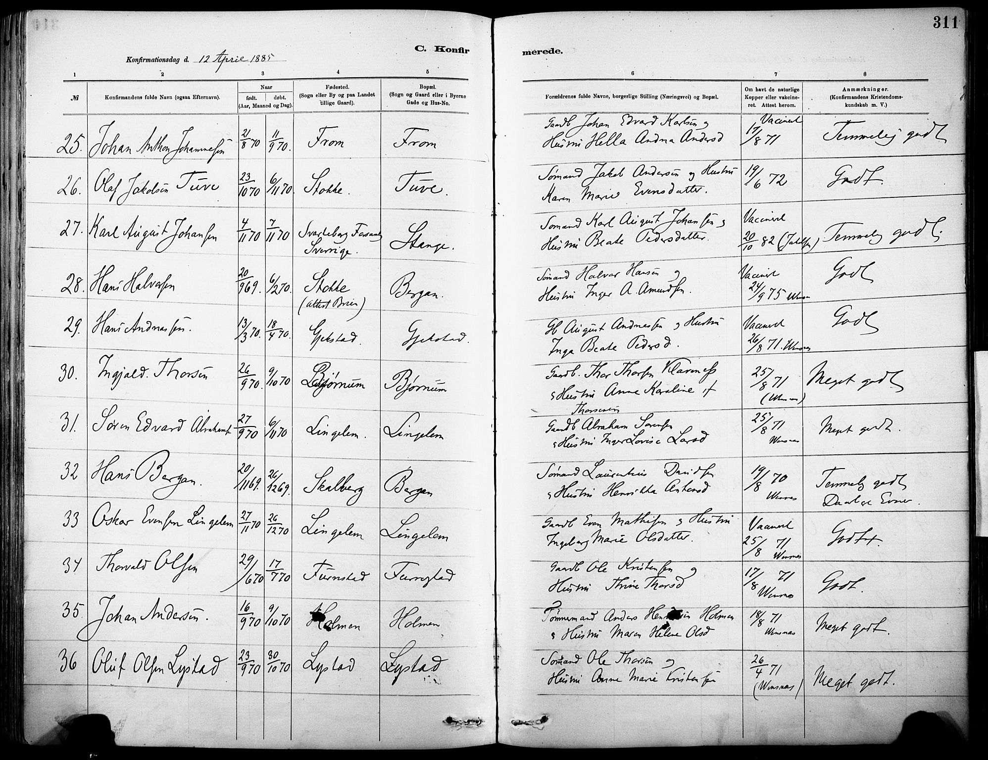 Sandar kirkebøker, AV/SAKO-A-243/F/Fa/L0012: Ministerialbok nr. 12, 1883-1895, s. 311