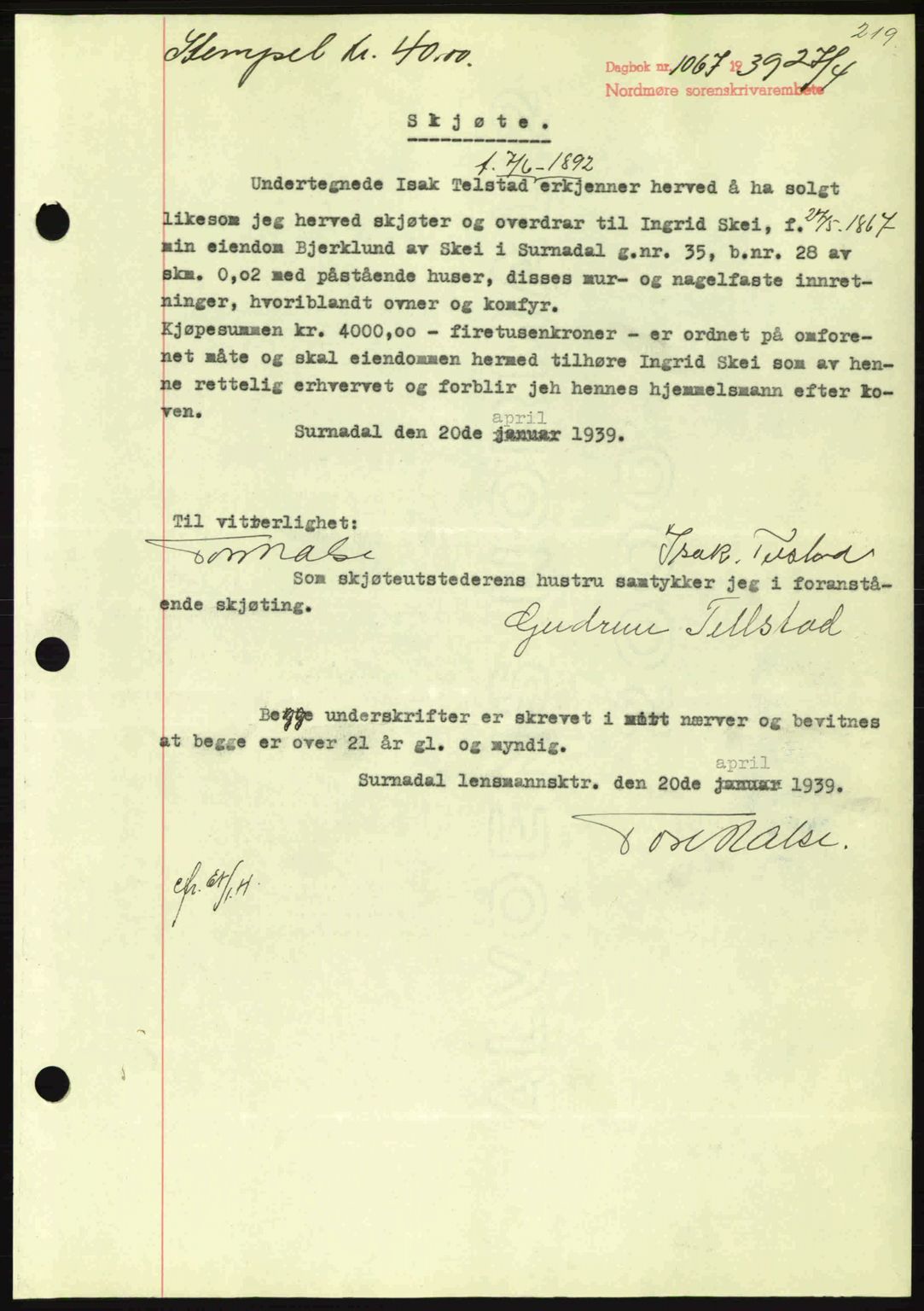 Nordmøre sorenskriveri, SAT/A-4132/1/2/2Ca: Pantebok nr. A86, 1939-1939, Dagboknr: 1067/1939
