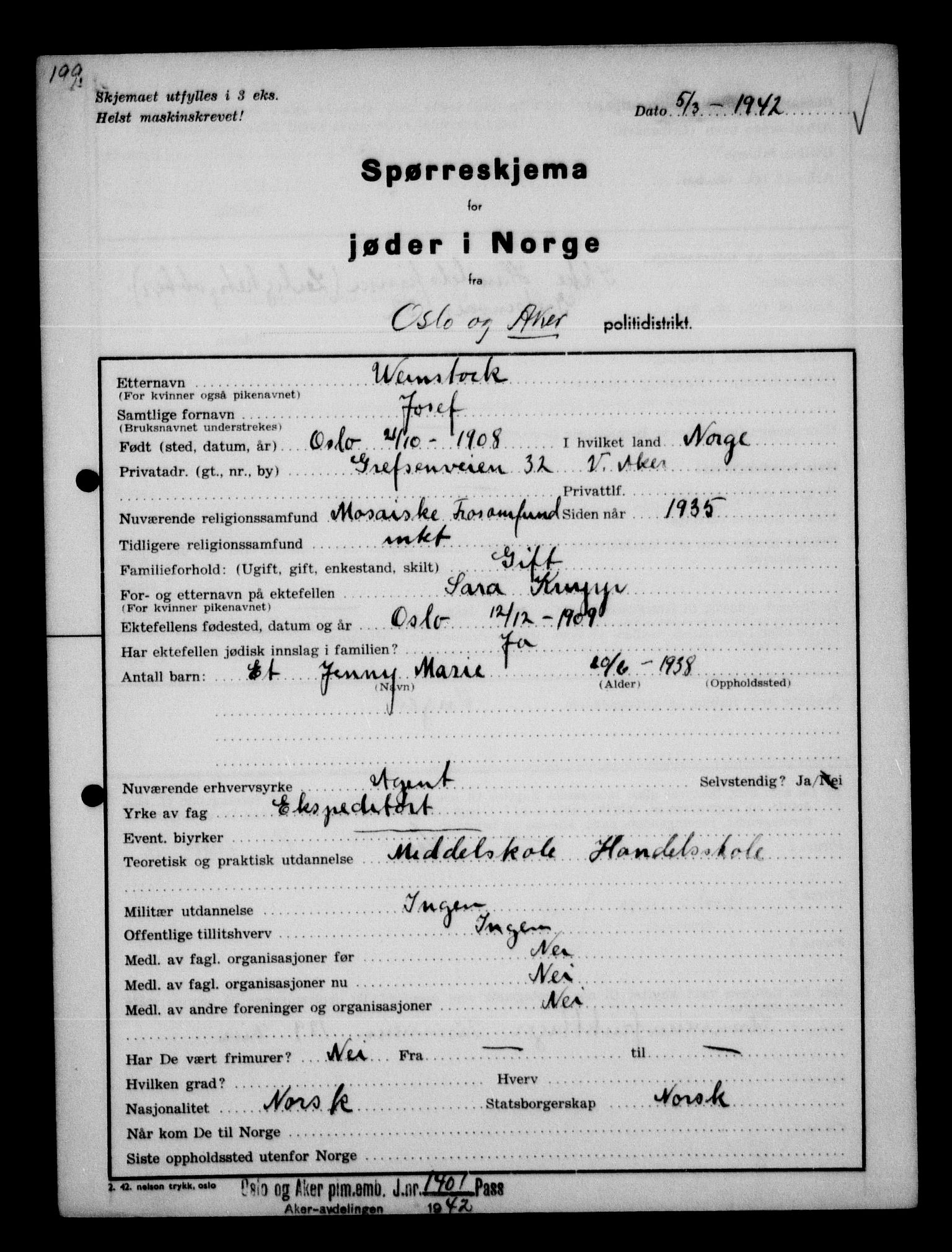 Statspolitiet - Hovedkontoret / Osloavdelingen, AV/RA-S-1329/G/Ga/L0012: Spørreskjema for jøder i Norge. 1: Aker 114- 207 (Levinson-Wozak) og 656 (Salomon). 2: Arendal-Hordaland. 3: Horten-Romerike.  , 1942, s. 261