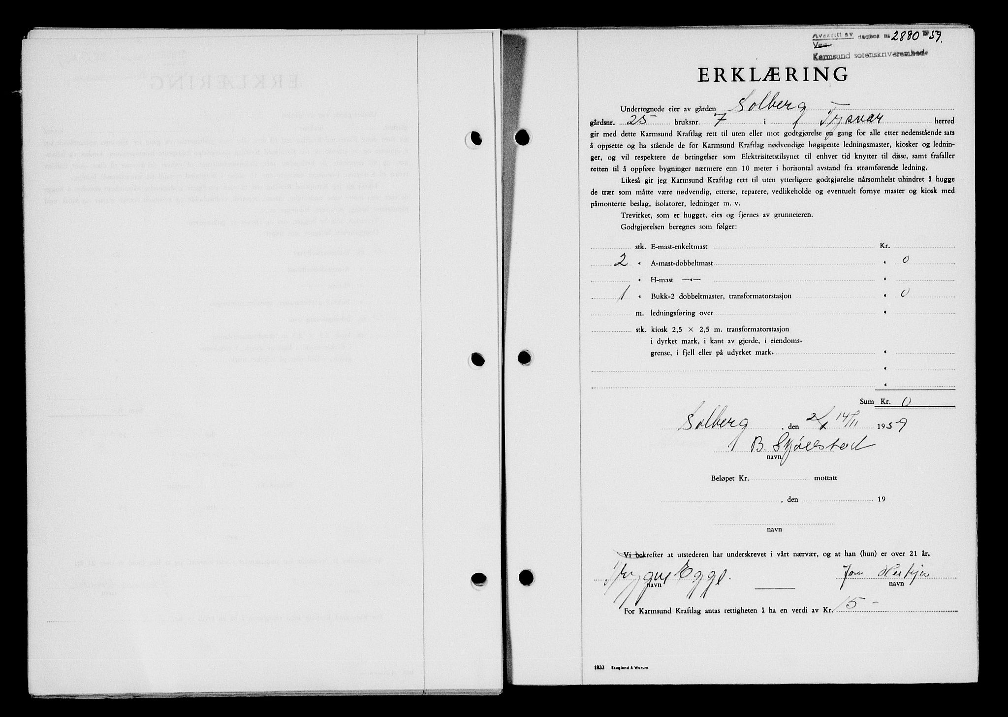 Karmsund sorenskriveri, SAST/A-100311/01/II/IIB/L0132: Pantebok nr. 112A, 1959-1959, Dagboknr: 2880/1959