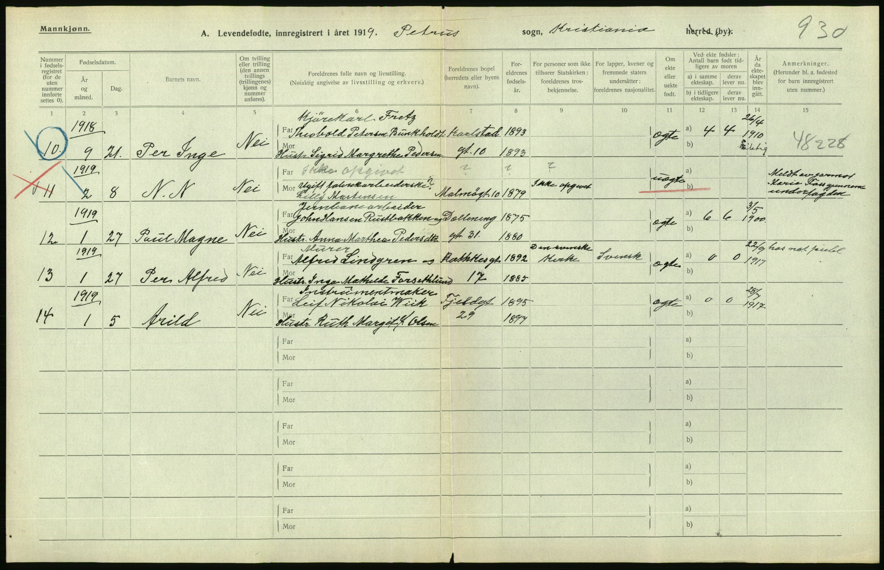 Statistisk sentralbyrå, Sosiodemografiske emner, Befolkning, AV/RA-S-2228/D/Df/Dfb/Dfbi/L0008: Kristiania: Levendefødte menn og kvinner., 1919