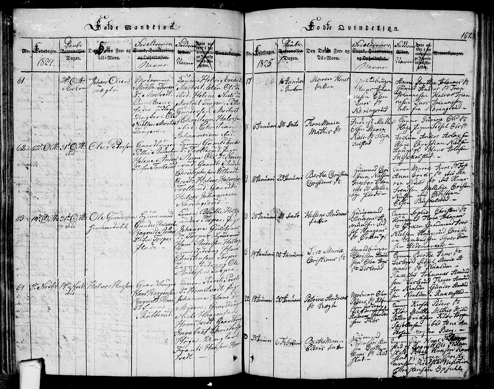 Eidsberg prestekontor Kirkebøker, AV/SAO-A-10905/G/Ga/L0001: Klokkerbok nr. I 1, 1814-1831, s. 167