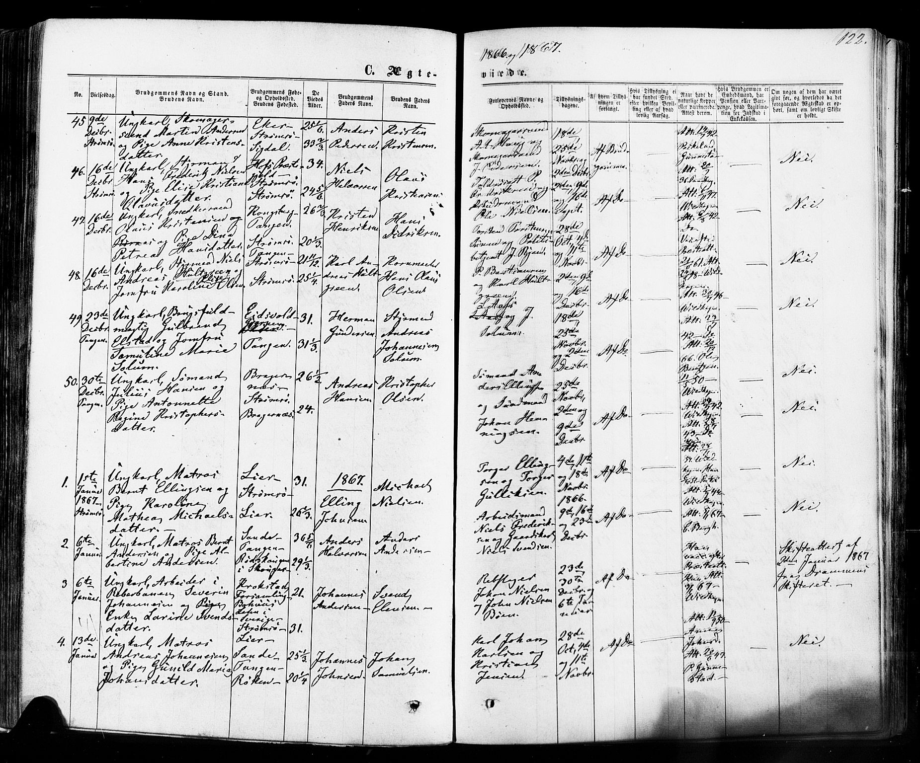Strømsø kirkebøker, AV/SAKO-A-246/F/Fa/L0018: Ministerialbok nr. I 18, 1865-1878, s. 122