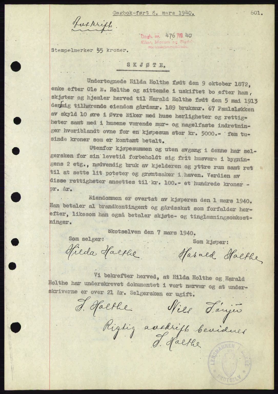 Eiker, Modum og Sigdal sorenskriveri, SAKO/A-123/G/Ga/Gab/L0041: Pantebok nr. A11, 1939-1940, Dagboknr: 476/1940