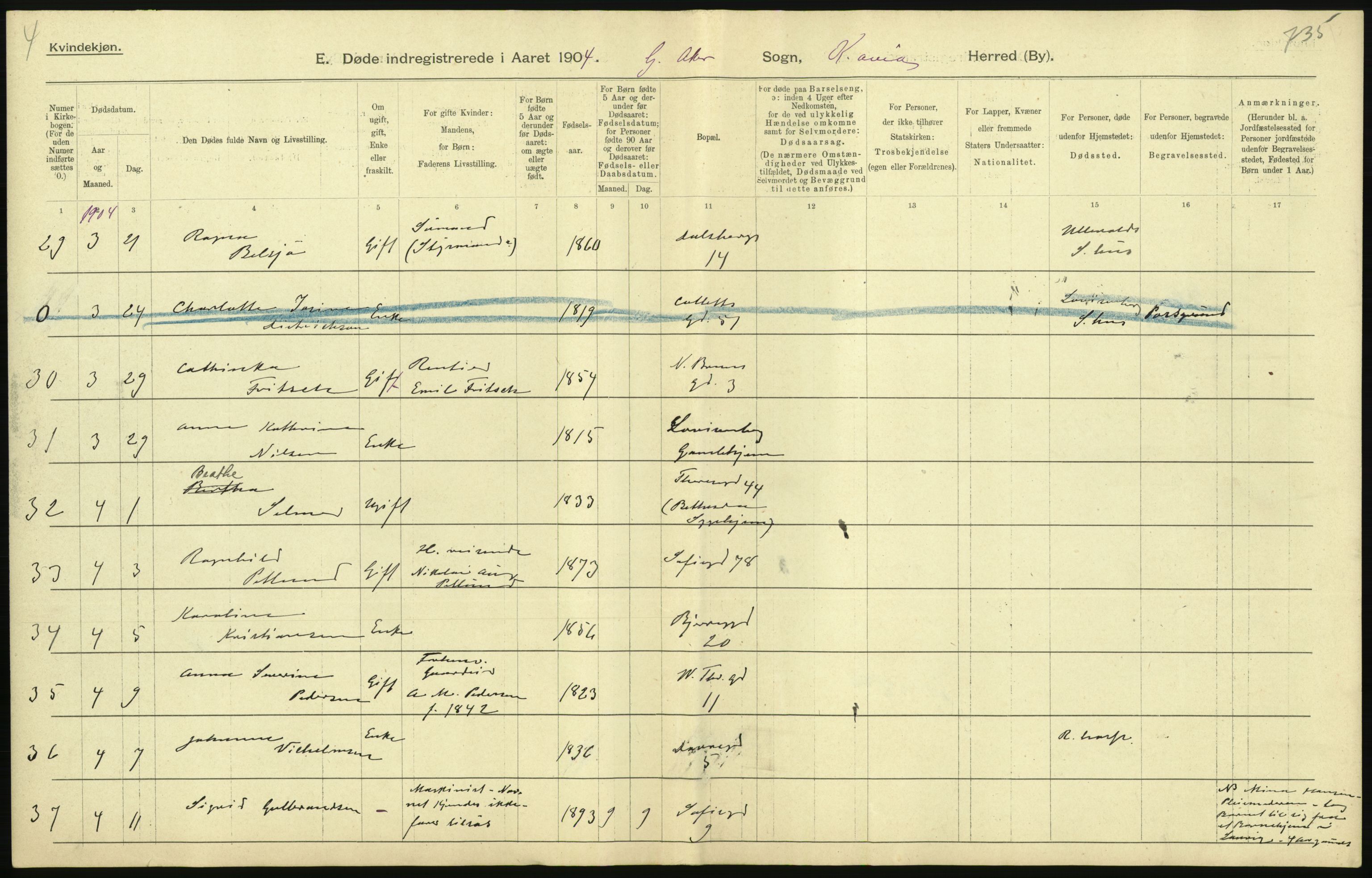 Statistisk sentralbyrå, Sosiodemografiske emner, Befolkning, AV/RA-S-2228/D/Df/Dfa/Dfab/L0004: Kristiania: Gifte, døde, 1904, s. 375