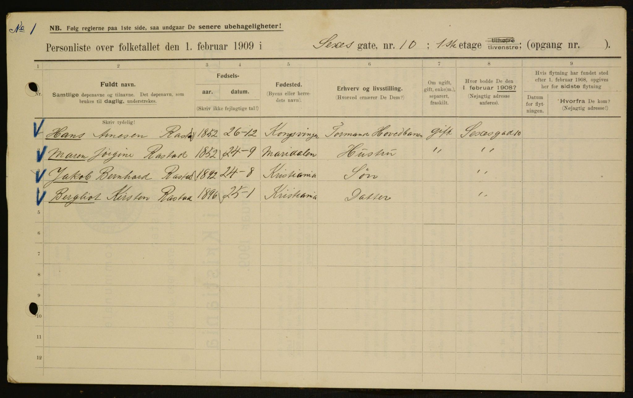 OBA, Kommunal folketelling 1.2.1909 for Kristiania kjøpstad, 1909, s. 86003