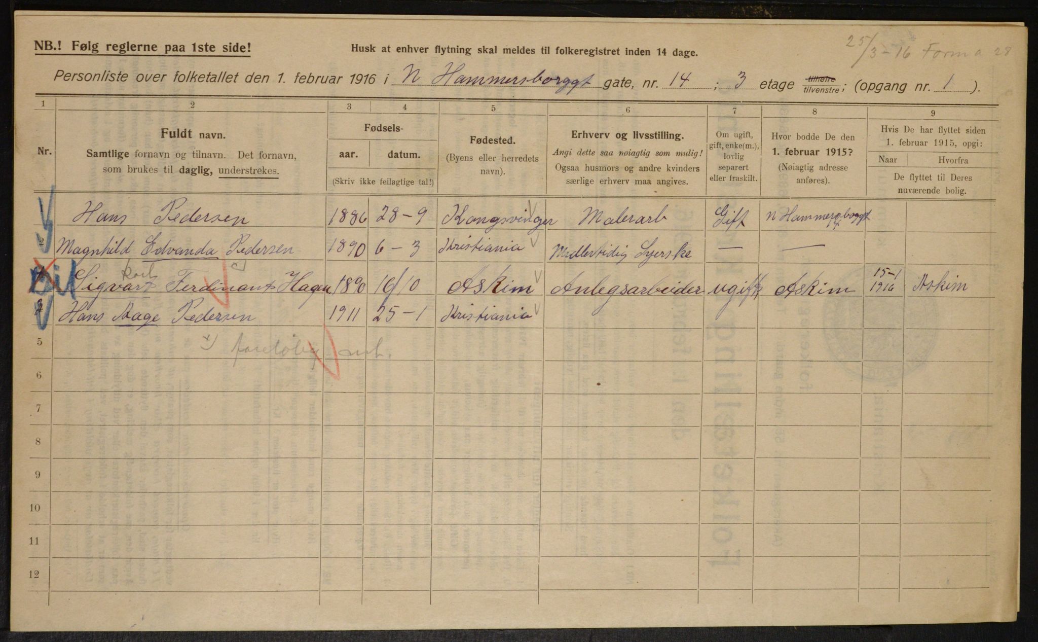 OBA, Kommunal folketelling 1.2.1916 for Kristiania, 1916, s. 71162