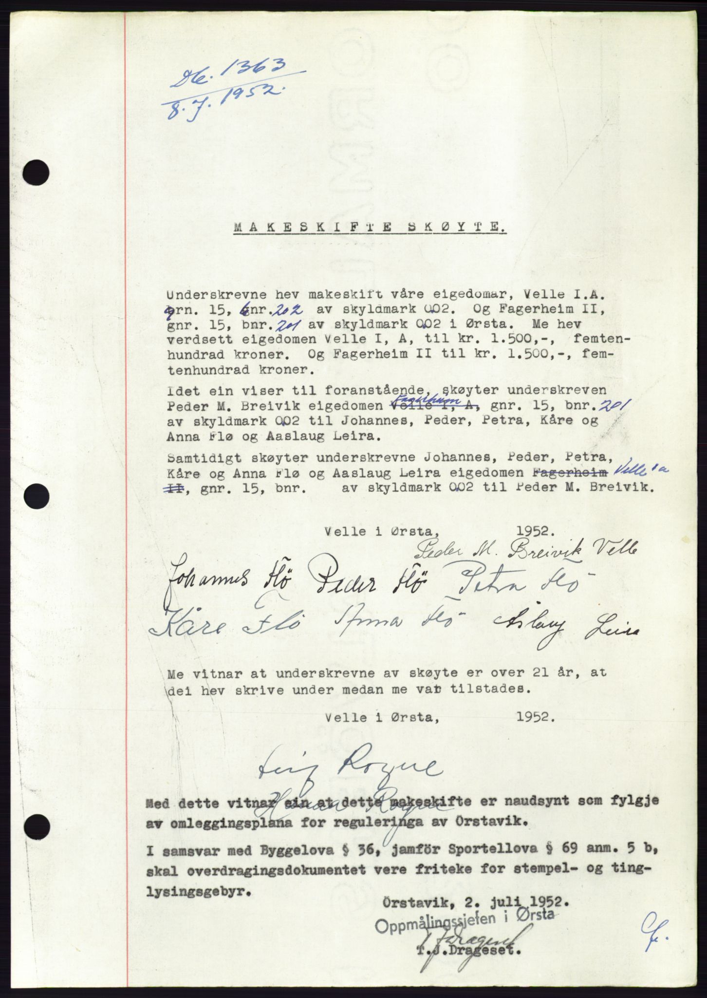 Søre Sunnmøre sorenskriveri, AV/SAT-A-4122/1/2/2C/L0092: Pantebok nr. 18A, 1952-1952, Dagboknr: 1363/1952