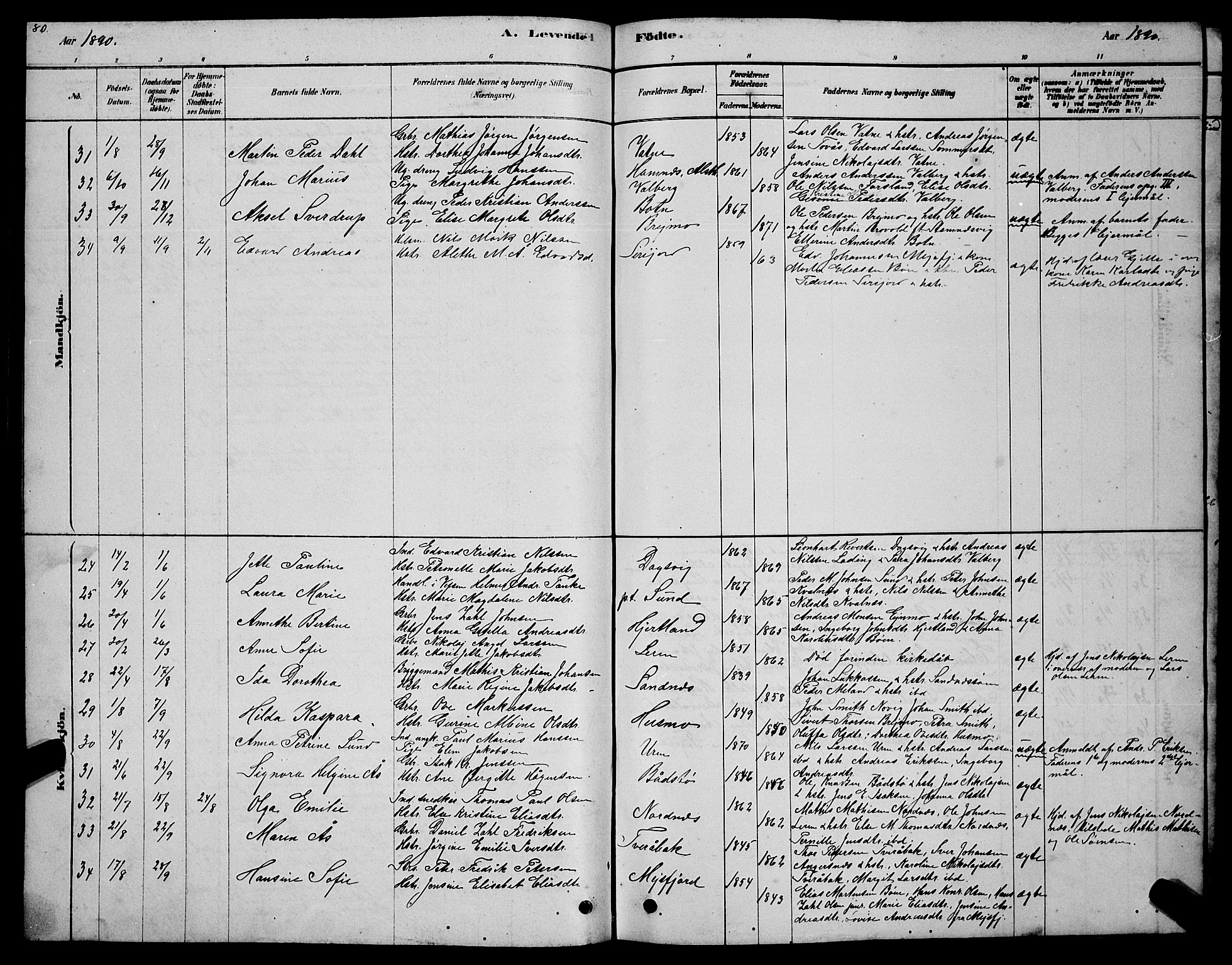 Ministerialprotokoller, klokkerbøker og fødselsregistre - Nordland, AV/SAT-A-1459/831/L0477: Klokkerbok nr. 831C04, 1878-1897, s. 80