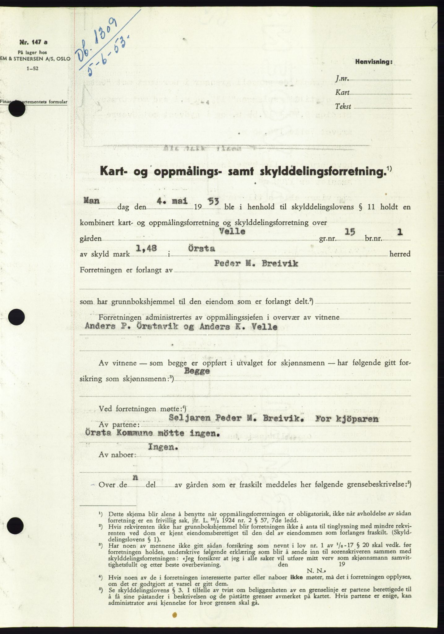 Søre Sunnmøre sorenskriveri, AV/SAT-A-4122/1/2/2C/L0095: Pantebok nr. 21A, 1953-1953, Dagboknr: 1309/1953
