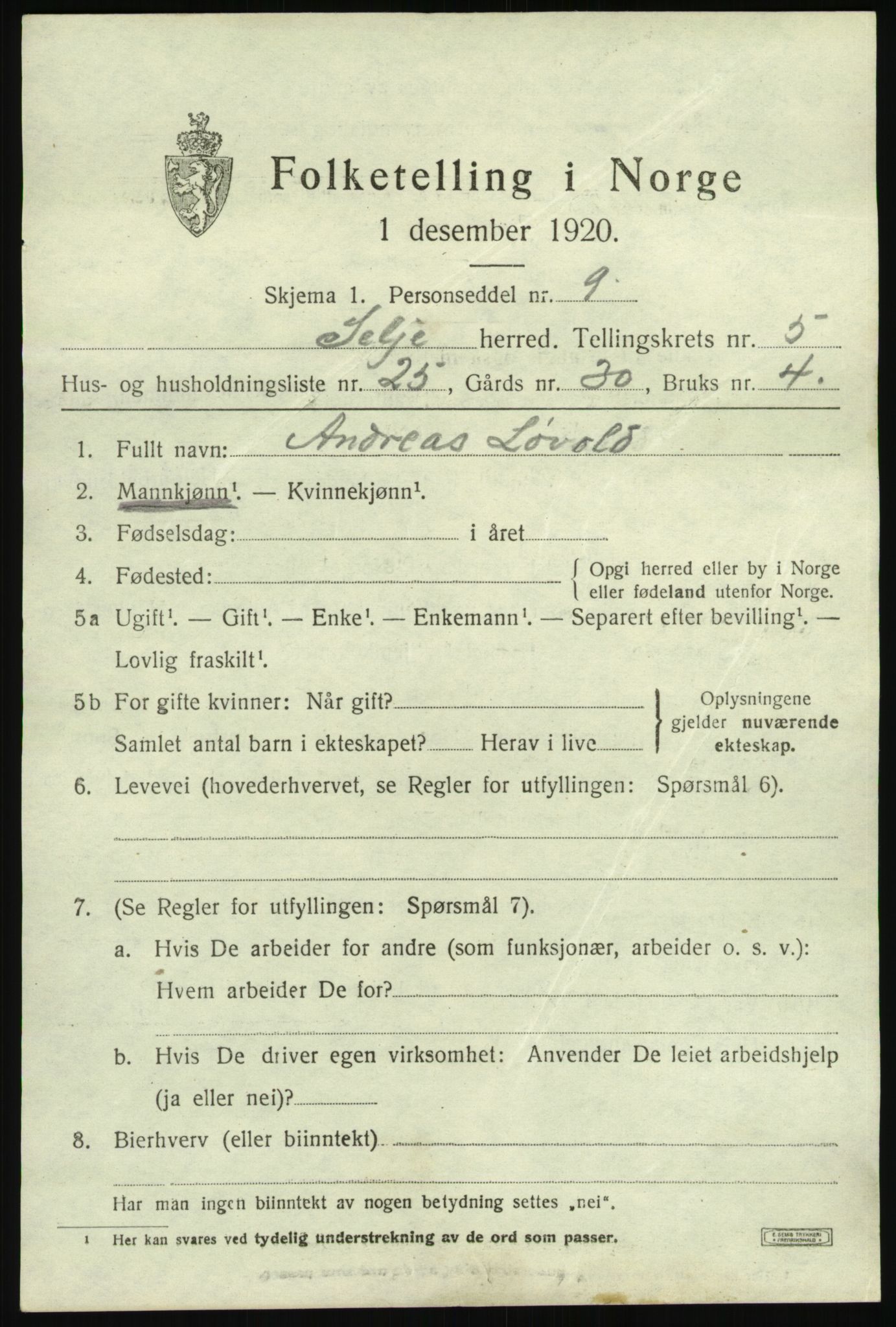 SAB, Folketelling 1920 for 1441 Selje herred, 1920, s. 3361