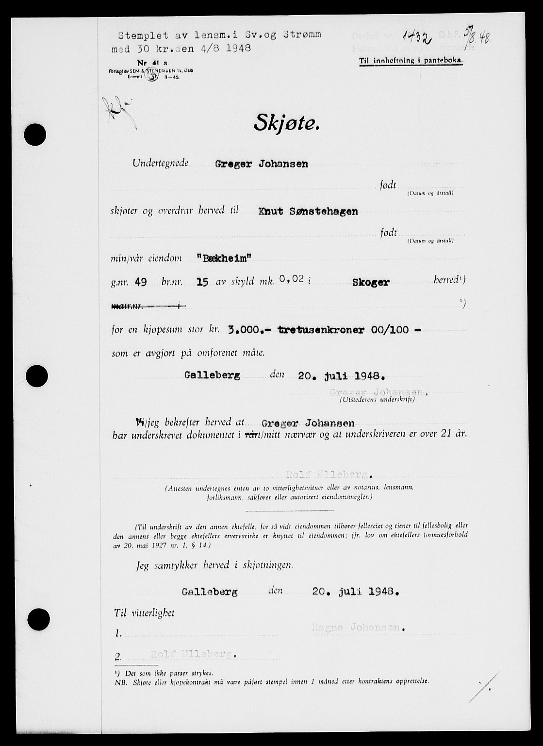 Holmestrand sorenskriveri, SAKO/A-67/G/Ga/Gaa/L0064: Pantebok nr. A-64, 1948-1948, Dagboknr: 1432/1948
