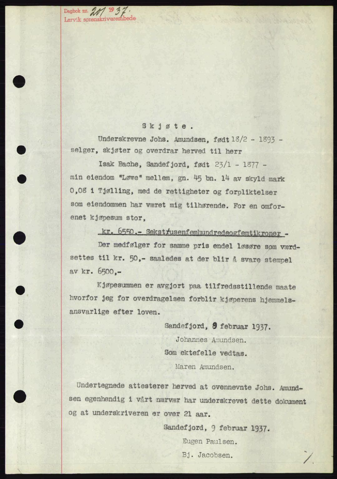 Larvik sorenskriveri, SAKO/A-83/G/Ga/Gab/L0067: Pantebok nr. A-1, 1936-1937, Dagboknr: 201/1937