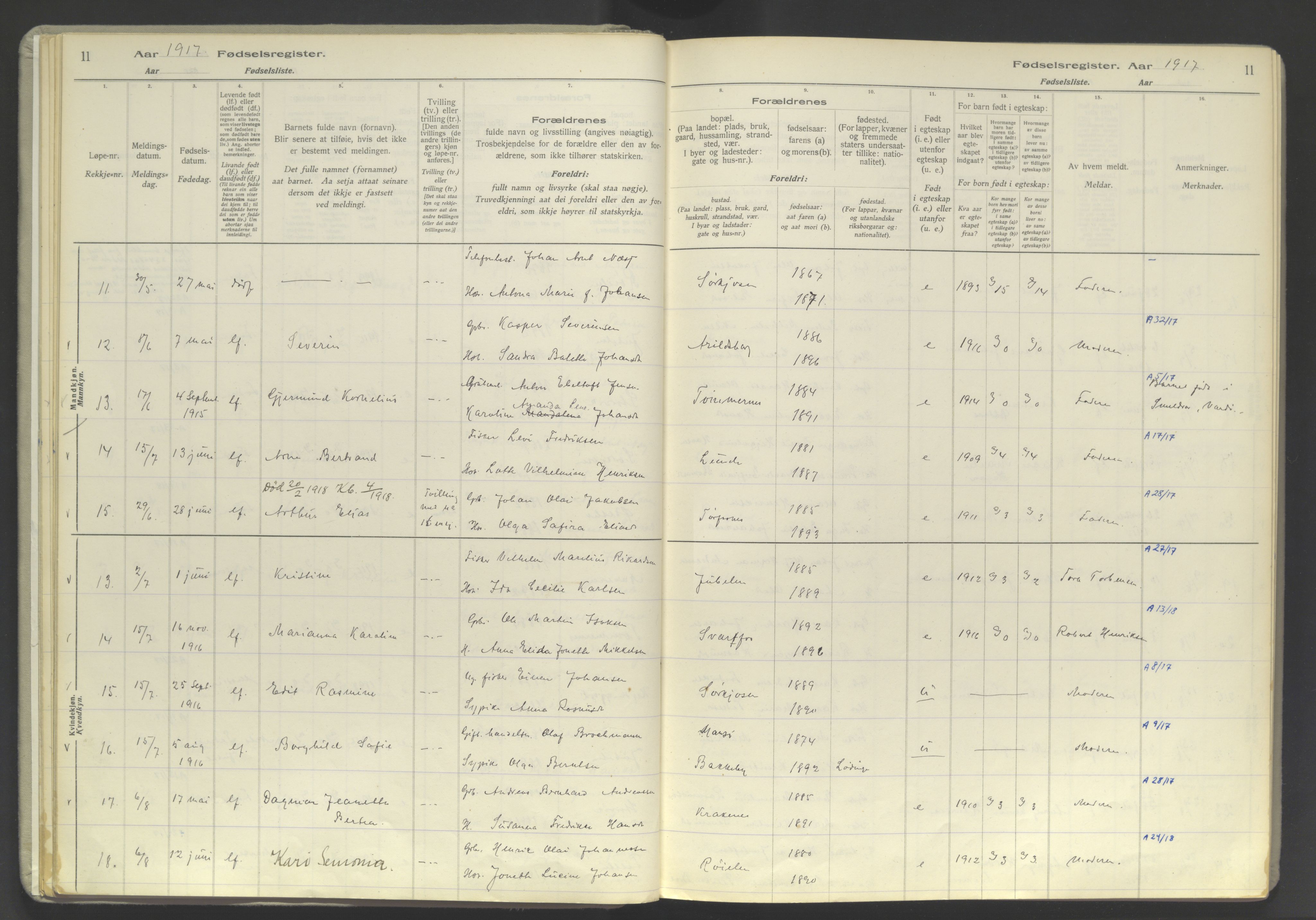 Skjervøy sokneprestkontor, AV/SATØ-S-1300/I/Ia/L0060: Fødselsregister nr. 60, 1916-1947, s. 11