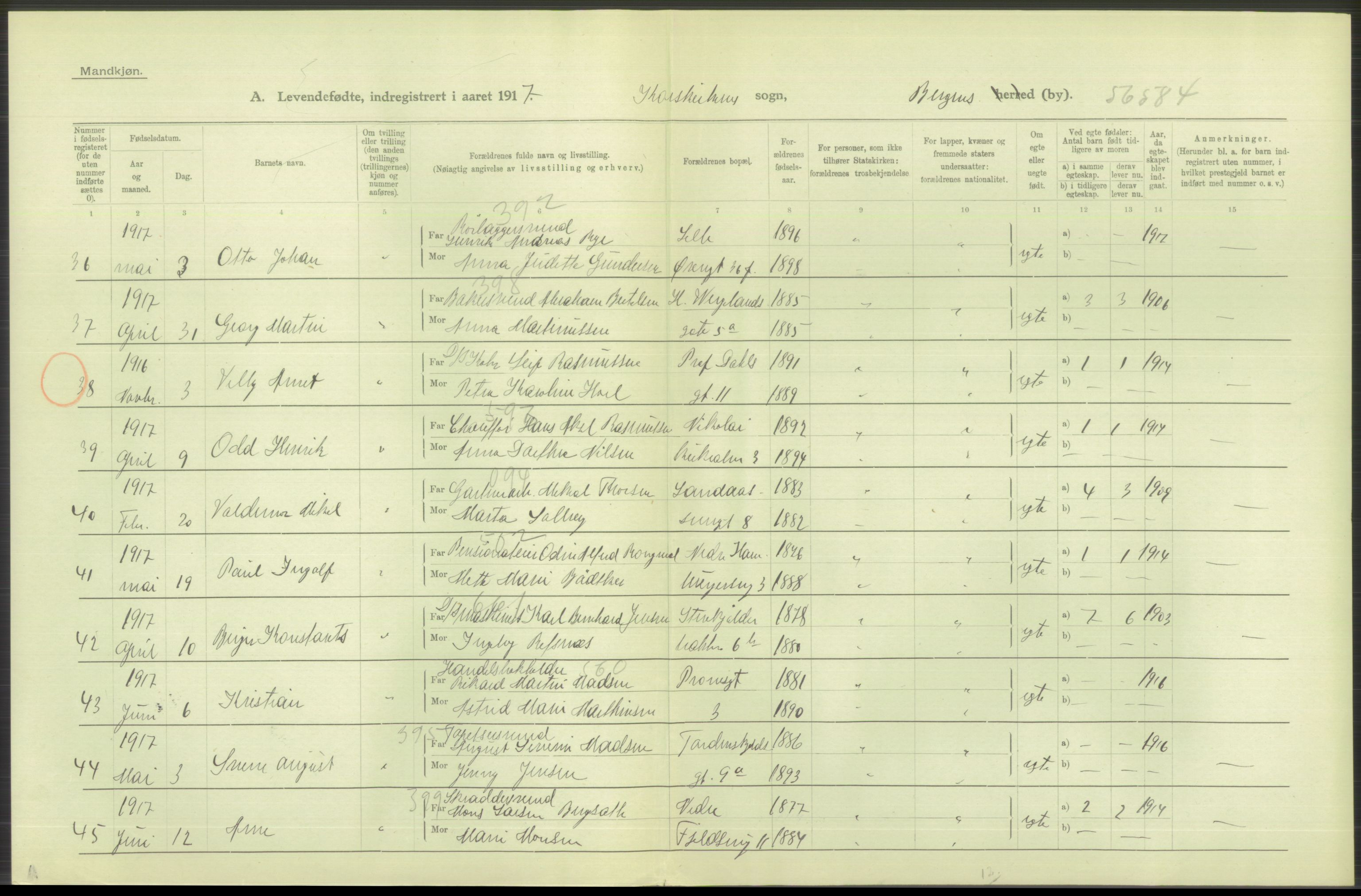 Statistisk sentralbyrå, Sosiodemografiske emner, Befolkning, AV/RA-S-2228/D/Df/Dfb/Dfbg/L0037: Bergen: Levendefødte menn og kvinner., 1917, s. 360